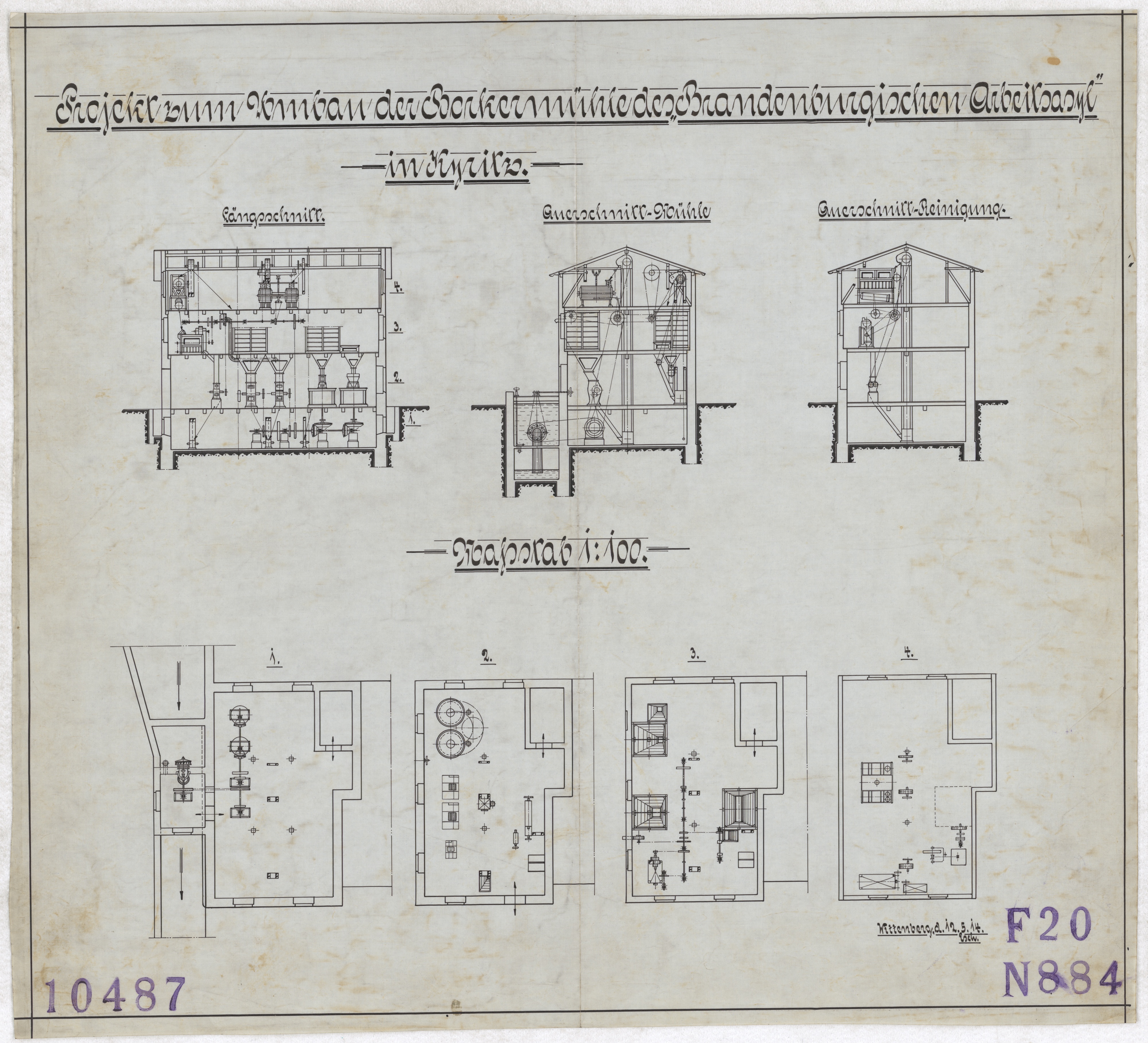 Technische Zeichnung : Projekt zum Umbau der Borkermühle des Brandenburgischen Arbeitsasyl[s] in Kyritz (Stiftung Deutsches Technikmuseum Berlin CC BY-SA)
