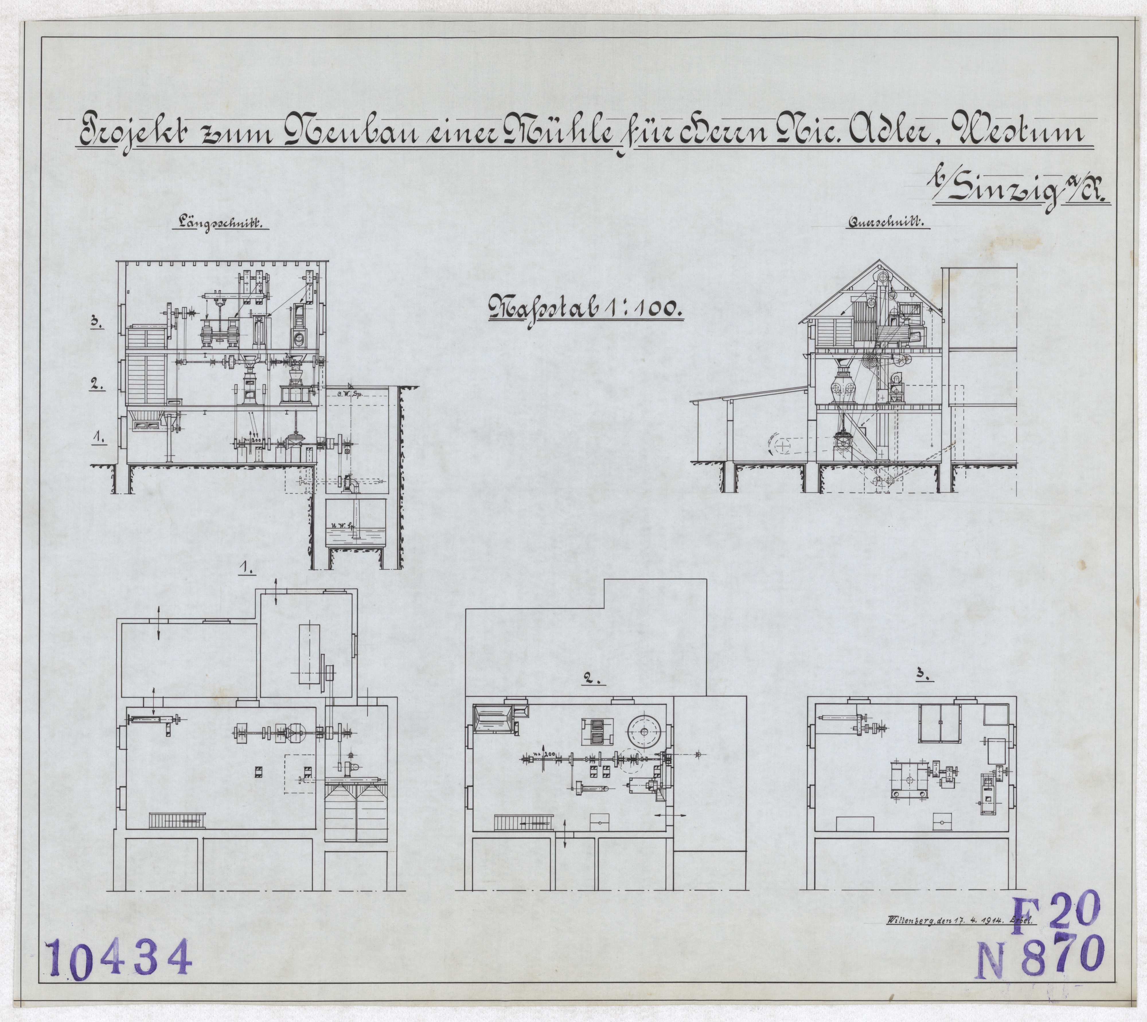 Technische Zeichnung : Projekt zum Neubau einer Mühle für Herrn Nicolaus Adler, Westum bei Sinzig am Rhein (Stiftung Deutsches Technikmuseum Berlin CC BY-SA)