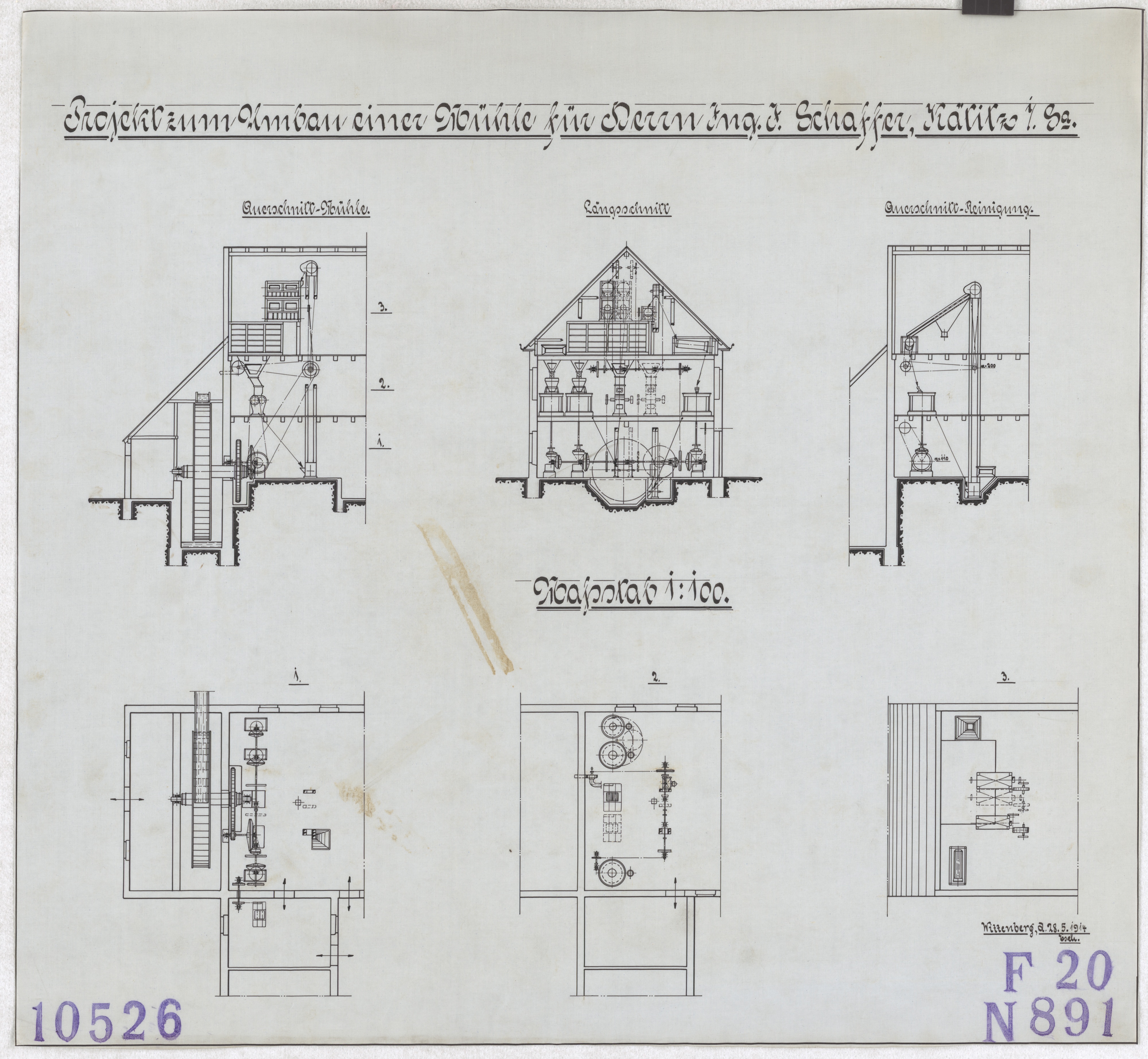 Technische Zeichnung : Projekt zum Umbau einer Mühle für Herrn Ingenieur J. Schaffer, Rätitz in Sachsen (Stiftung Deutsches Technikmuseum Berlin CC BY-SA)