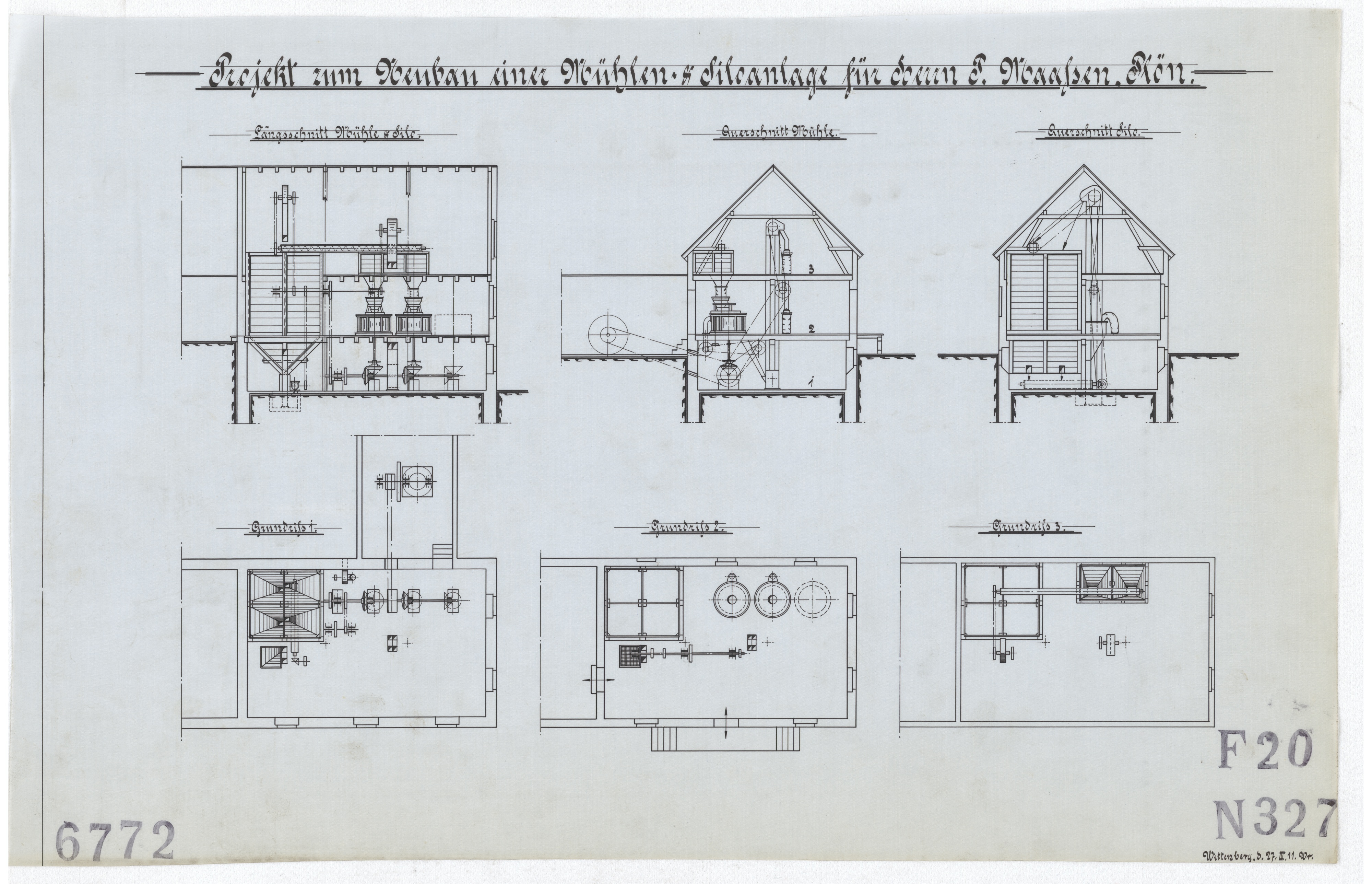 Technische Zeichnung : Projekt zum Neubau einer Mühlen- und Siloanlange für Herrn Peter Maaßen, Plön (Stiftung Deutsches Technikmuseum Berlin CC BY-SA)