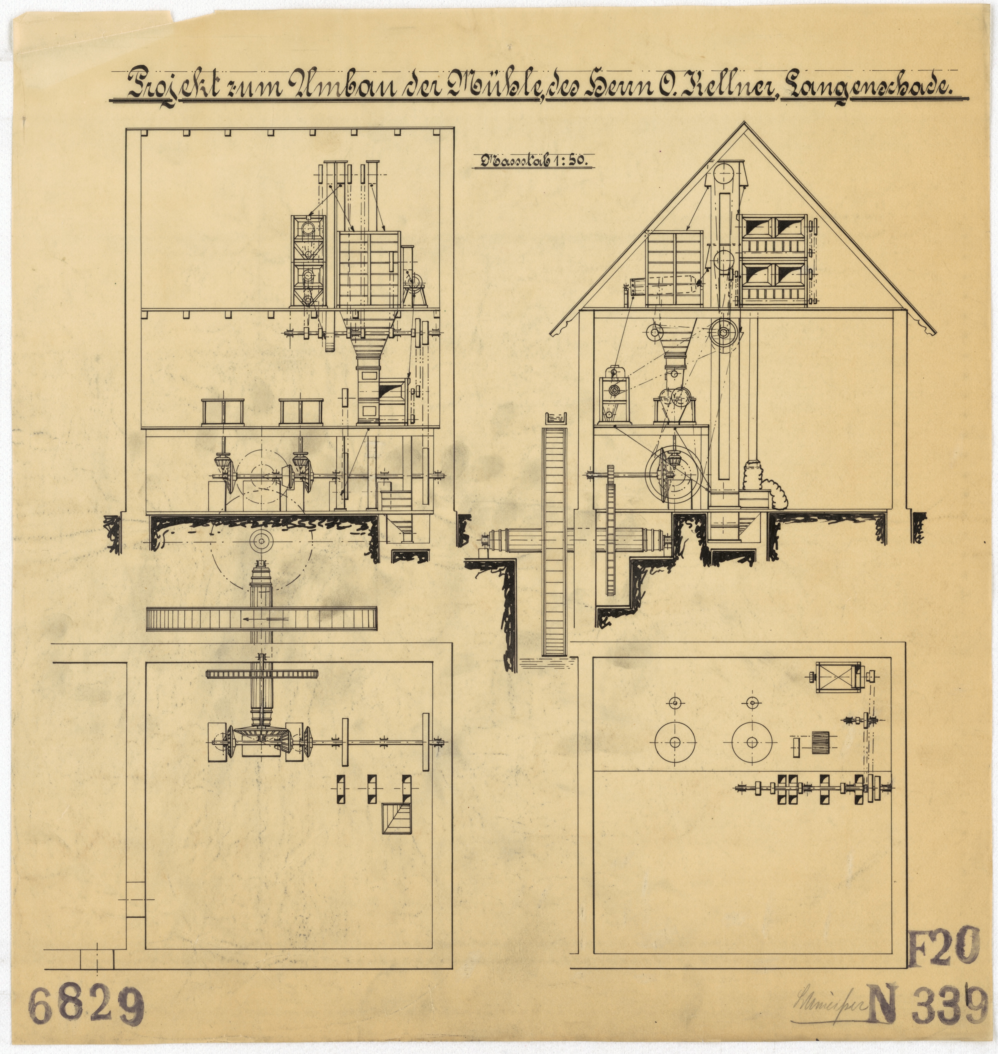 Technische Zeichnung : Projekt zum Umbau der Mühle des Herrn O. Kellner, Langenschade (Stiftung Deutsches Technikmuseum Berlin CC BY-SA)