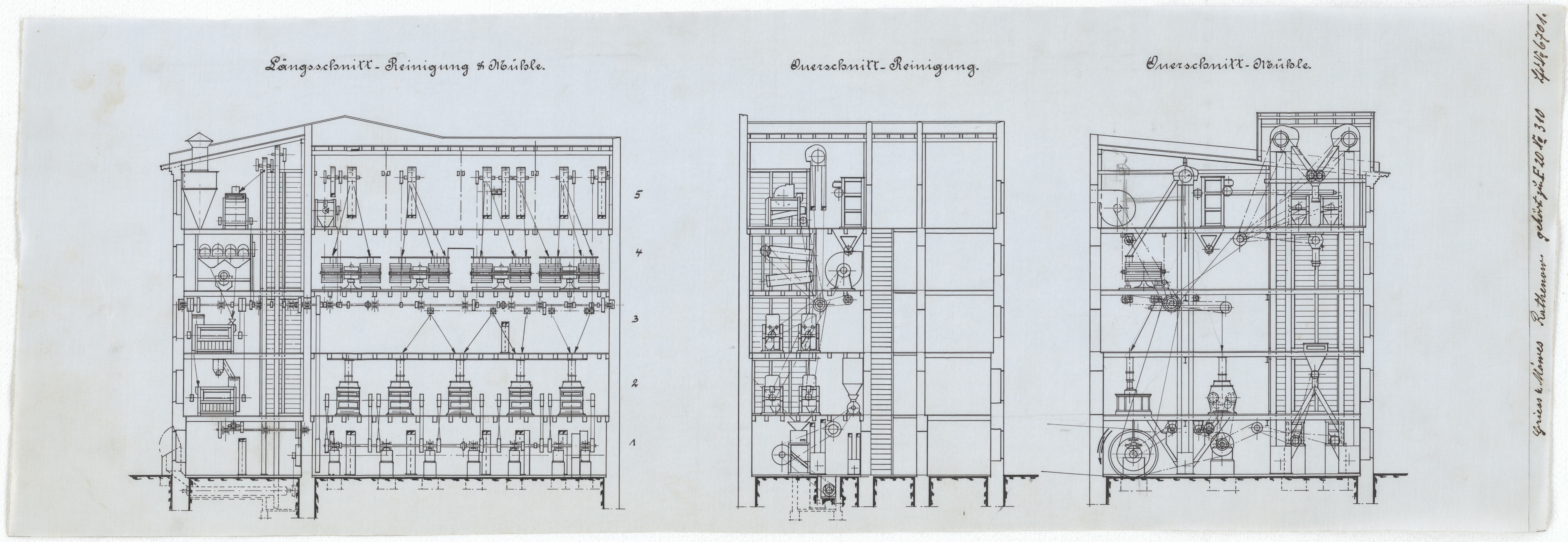 Technische Zeichnung : [Projekt zum Neubau einer Roggenmühle für die Herren P. Griess & Moewes, Rathenow] (Stiftung Deutsches Technikmuseum Berlin CC BY-SA)