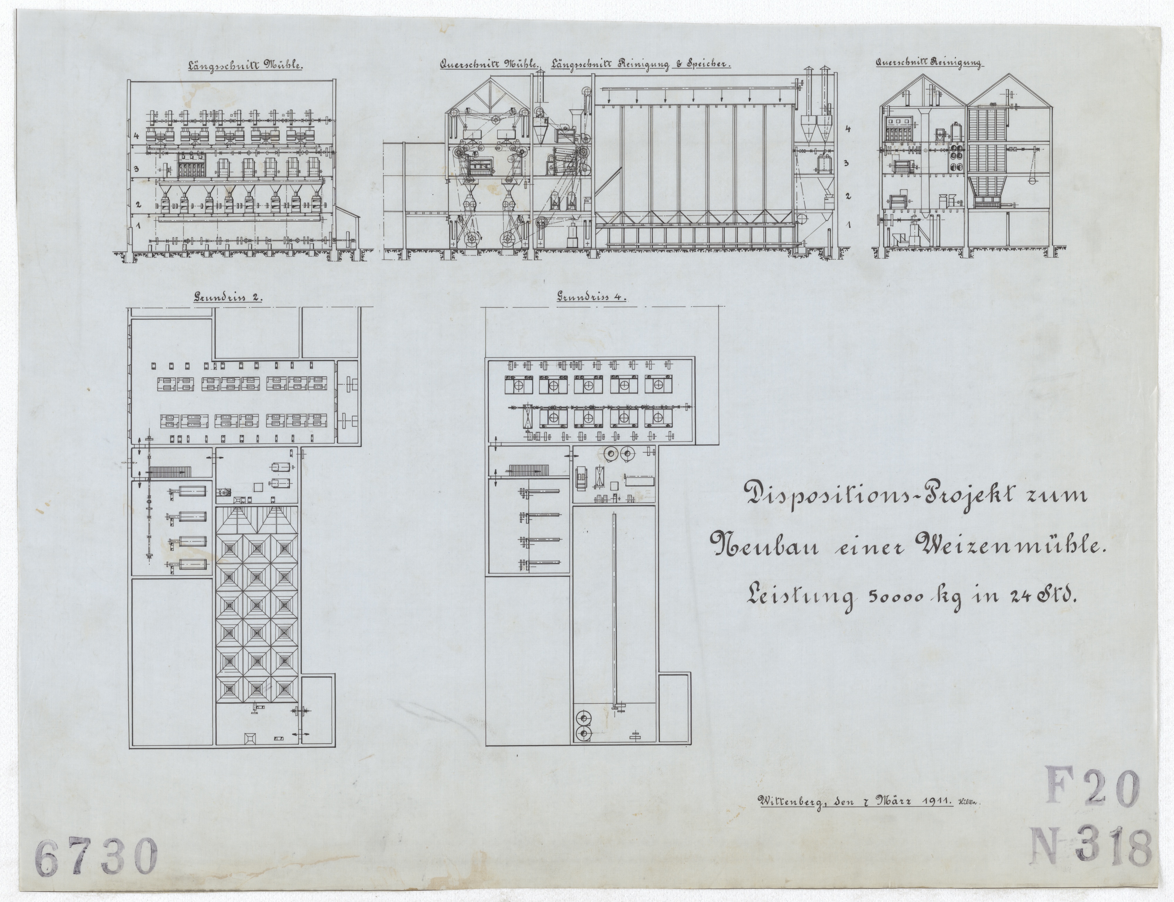 Technische Zeichnung : Dipositions-Projekt zum Neubau einer Weizenmühle. Leistung 50000 kg in 24 Stunden (Stiftung Deutsches Technikmuseum Berlin CC BY-SA)