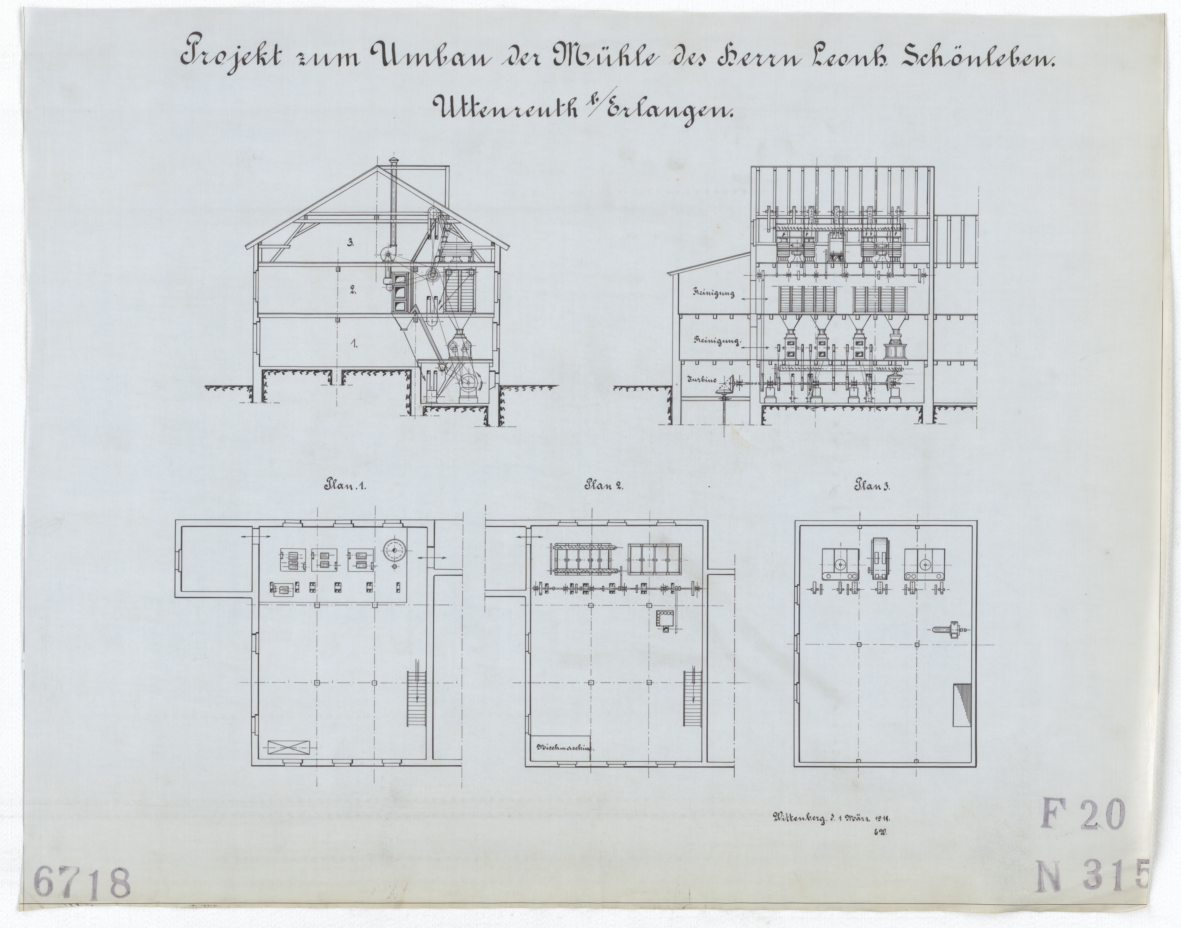Technische Zeichnung : Projekt zum Umbau der Mühle des Herrn Leonh. Schönleben, Uttenreuth bei Erlangen (Stiftung Deutsches Technikmuseum Berlin CC BY-SA)