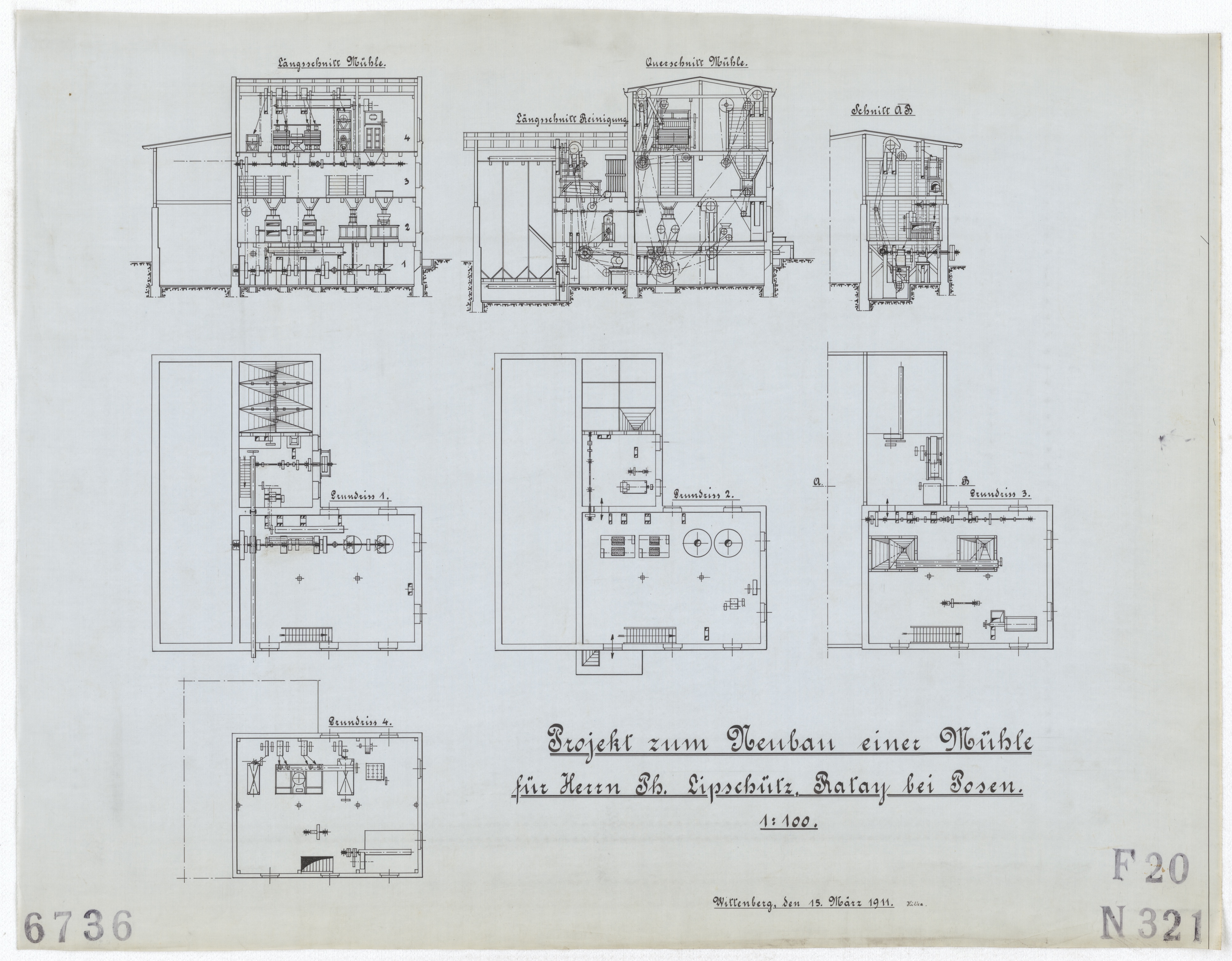 Technische Zeichnung : Projekt zum Neubau einer Mühle für Herrn Ph. Lipschütz, Ratay bei Posen (Stiftung Deutsches Technikmuseum Berlin CC BY-SA)