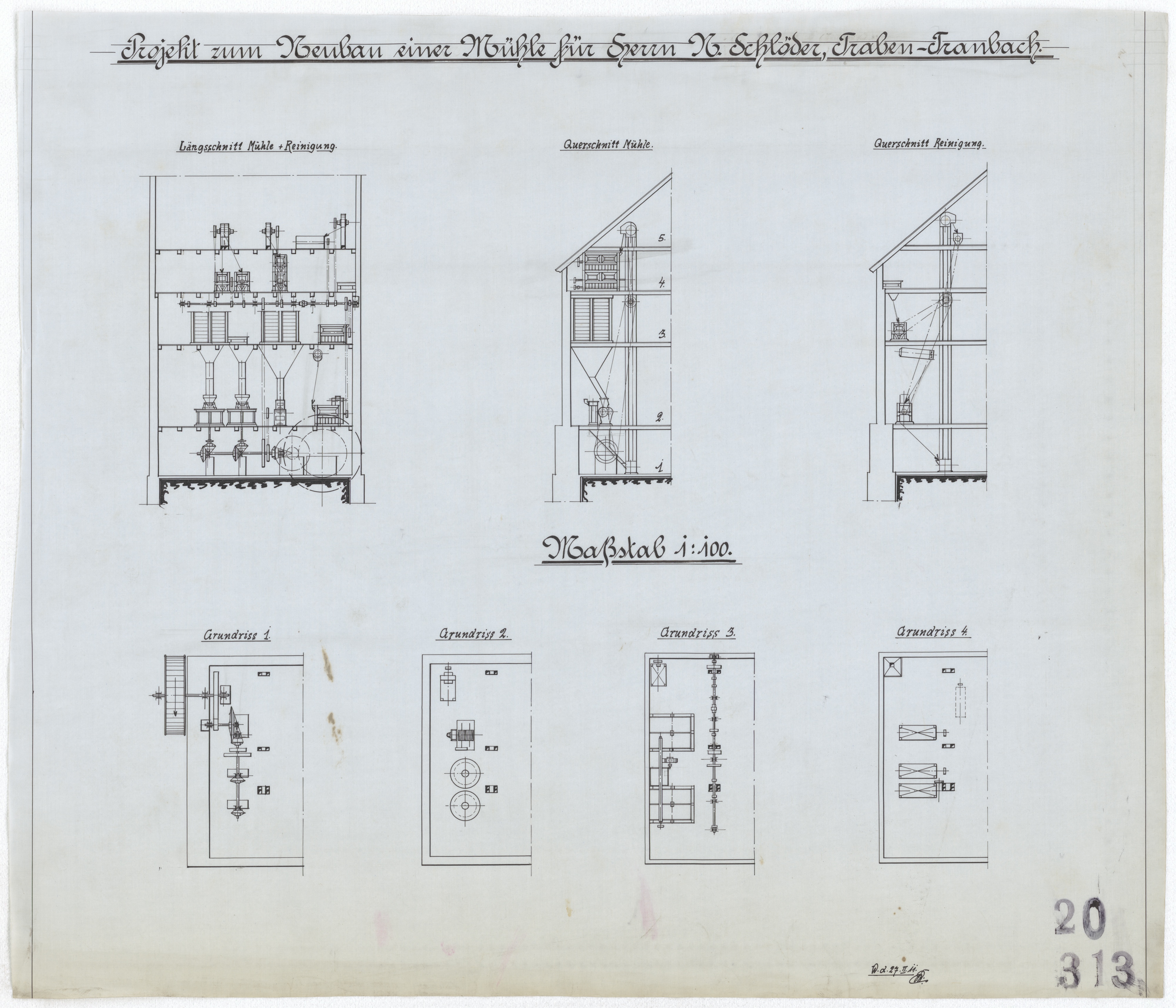 Technische Zeichnung : Projekt zum Neubau einer Mühle für Herrn N. Schlöder, Traben-Trarbach (Stiftung Deutsches Technikmuseum Berlin CC BY-SA)