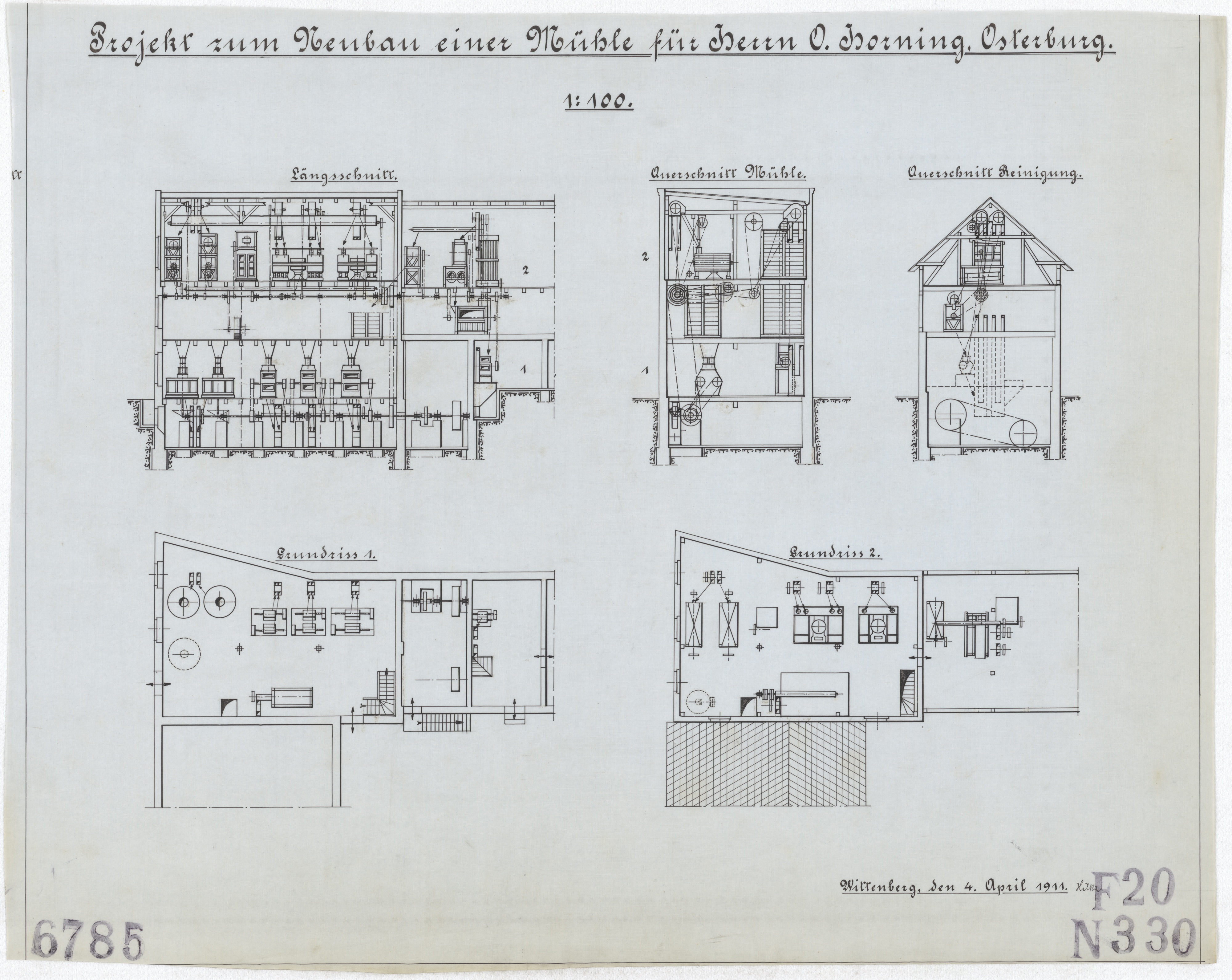 Technische Zeichnung : Projekt zum Neubau einer Mühle für Herrn O. Horning, Osterburg (Stiftung Deutsches Technikmuseum Berlin CC BY-SA)