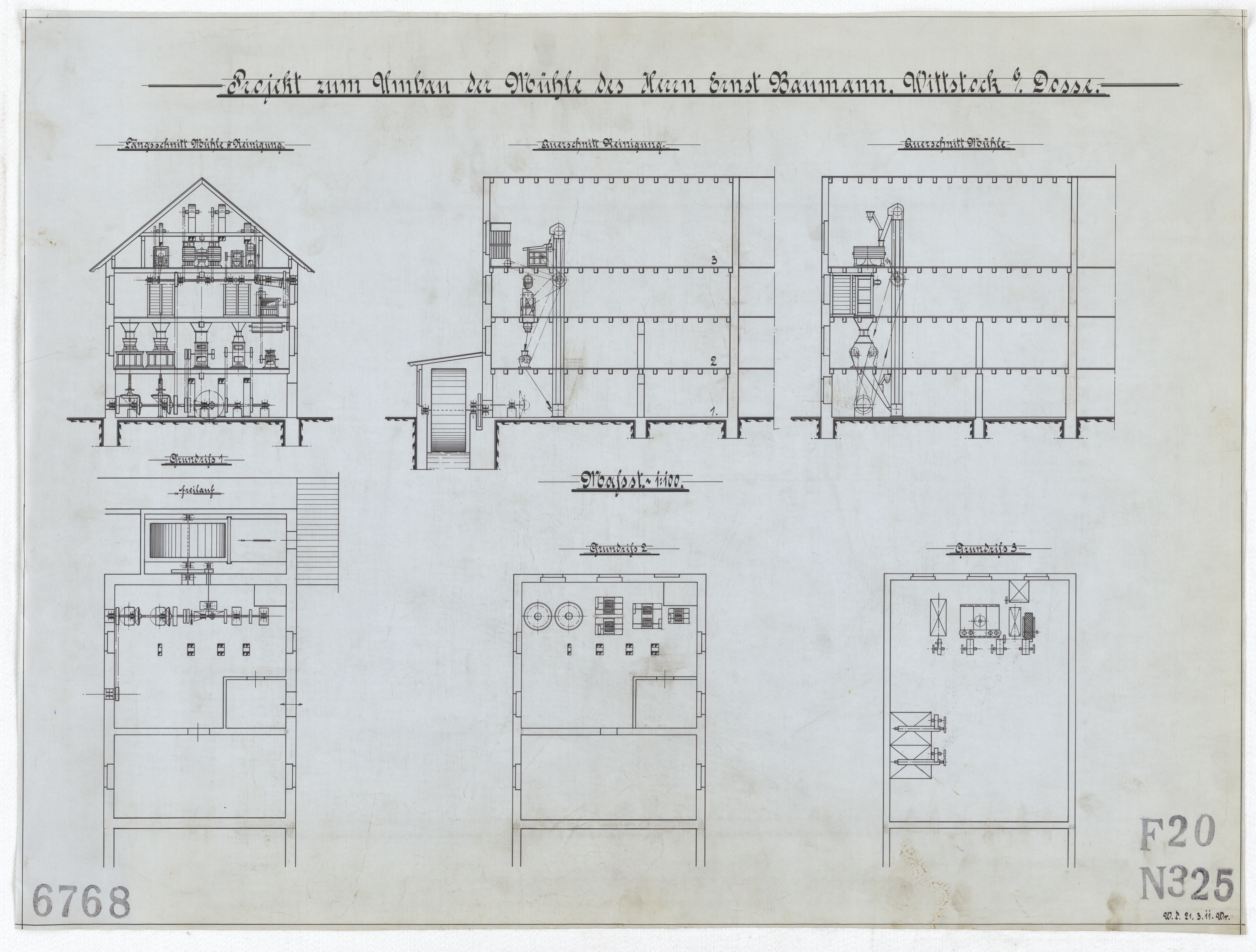 Technische Zeichnung : Projekt zum Umbau der Mühle des Herrn Ernst Baumann, Wittstock bei [der] Dosse (Stiftung Deutsches Technikmuseum Berlin CC BY-SA)
