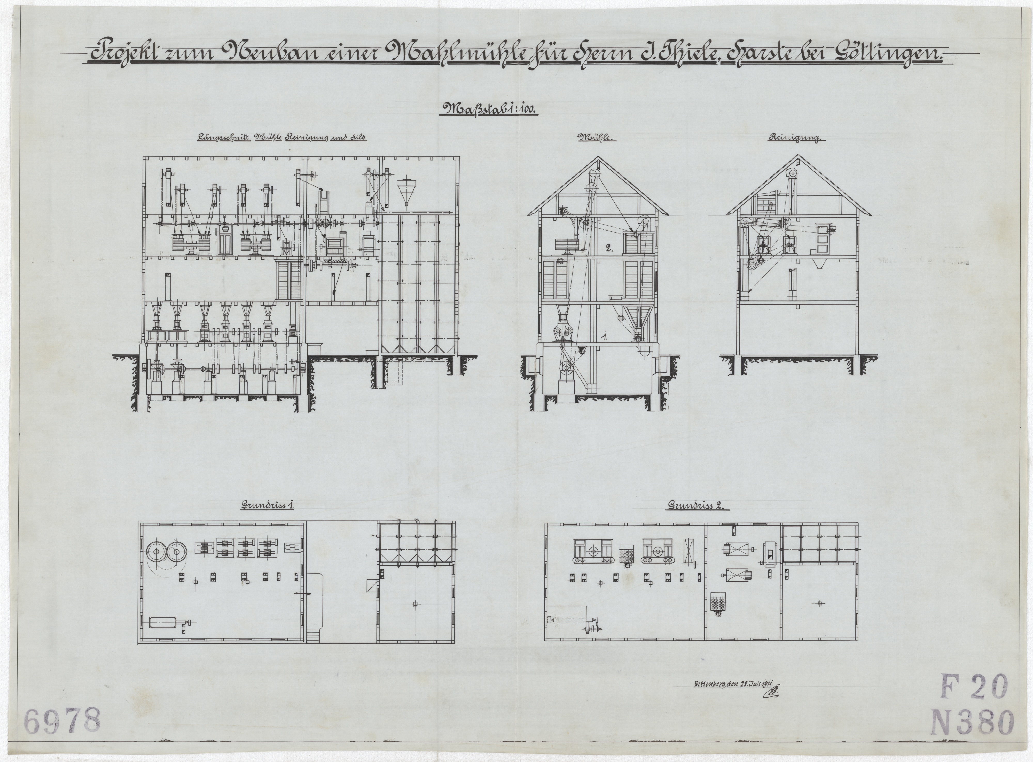 Technische Zeichnung : Projekt zum Neubau einer Mahlmühle für Herrn J. Thiele, Harste bei Göttingen (Stiftung Deutsches Technikmuseum Berlin CC BY-SA)