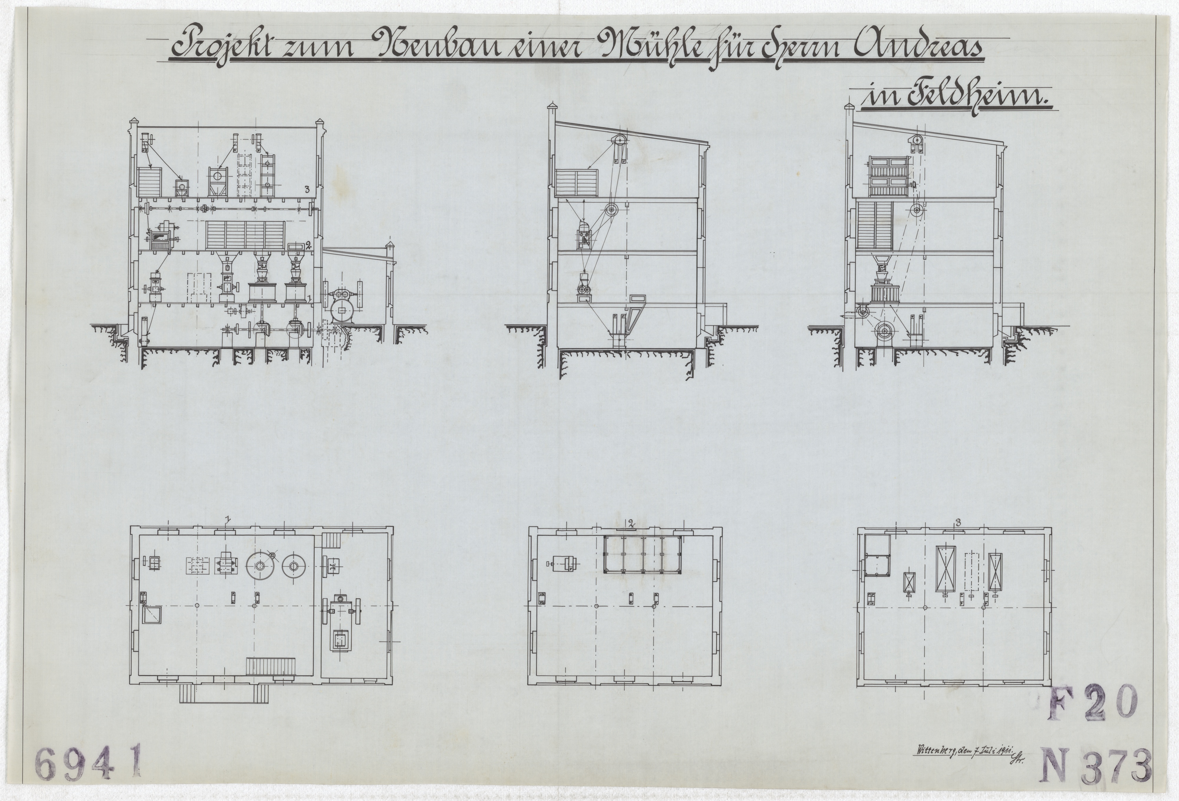 Technische Zeichnung : Projekt zum Neubau einer Mühle für Herrn Andreas in Feldheim (Stiftung Deutsches Technikmuseum Berlin CC BY-SA)