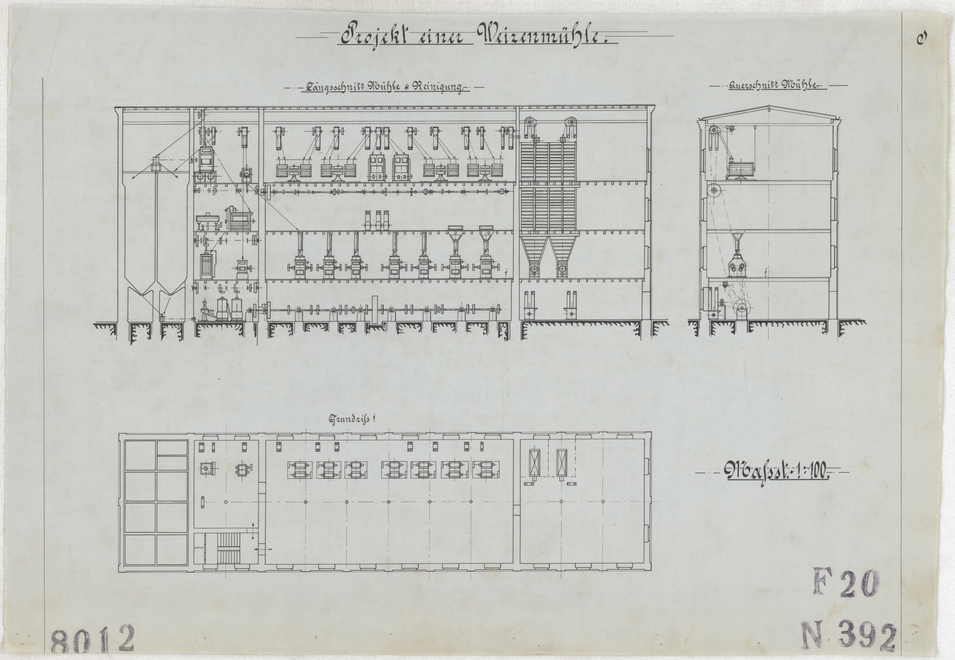 Technische Zeichnung : Projekt einer Weizenmühle (Stiftung Deutsches Technikmuseum Berlin CC BY-SA)