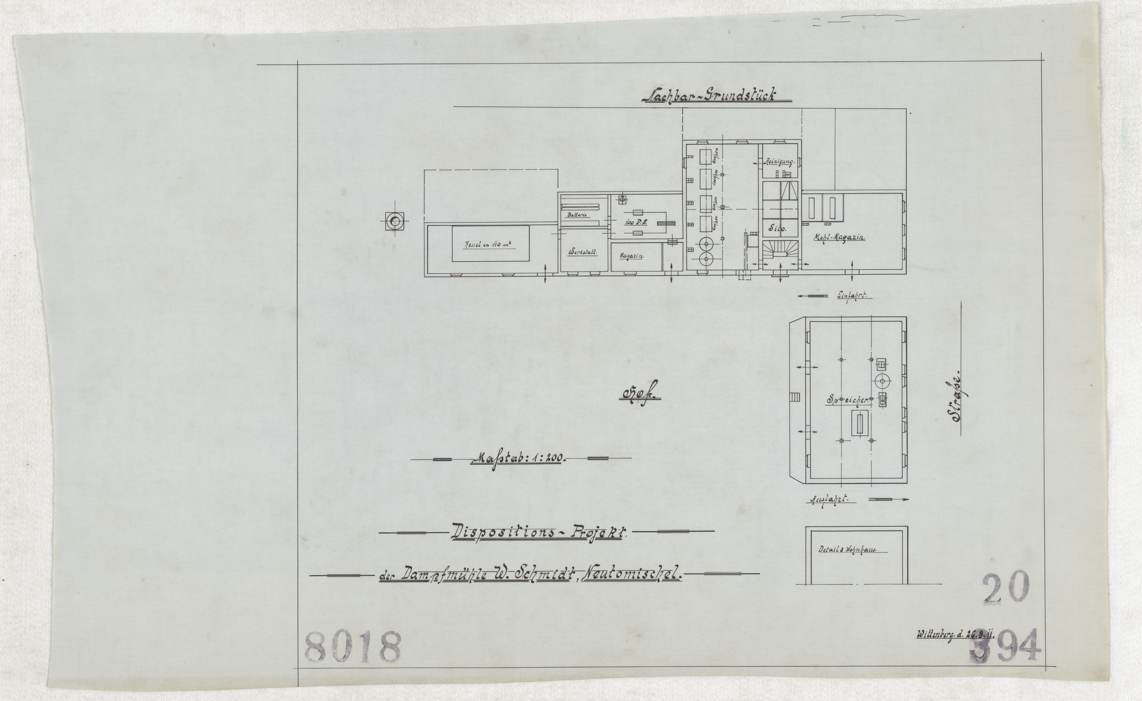 Technische Zeichnung : Dispositions-Projekt der Dampfmühle [für] W. Schmidt, Neutomischel (Stiftung Deutsches Technikmuseum Berlin CC BY-SA)