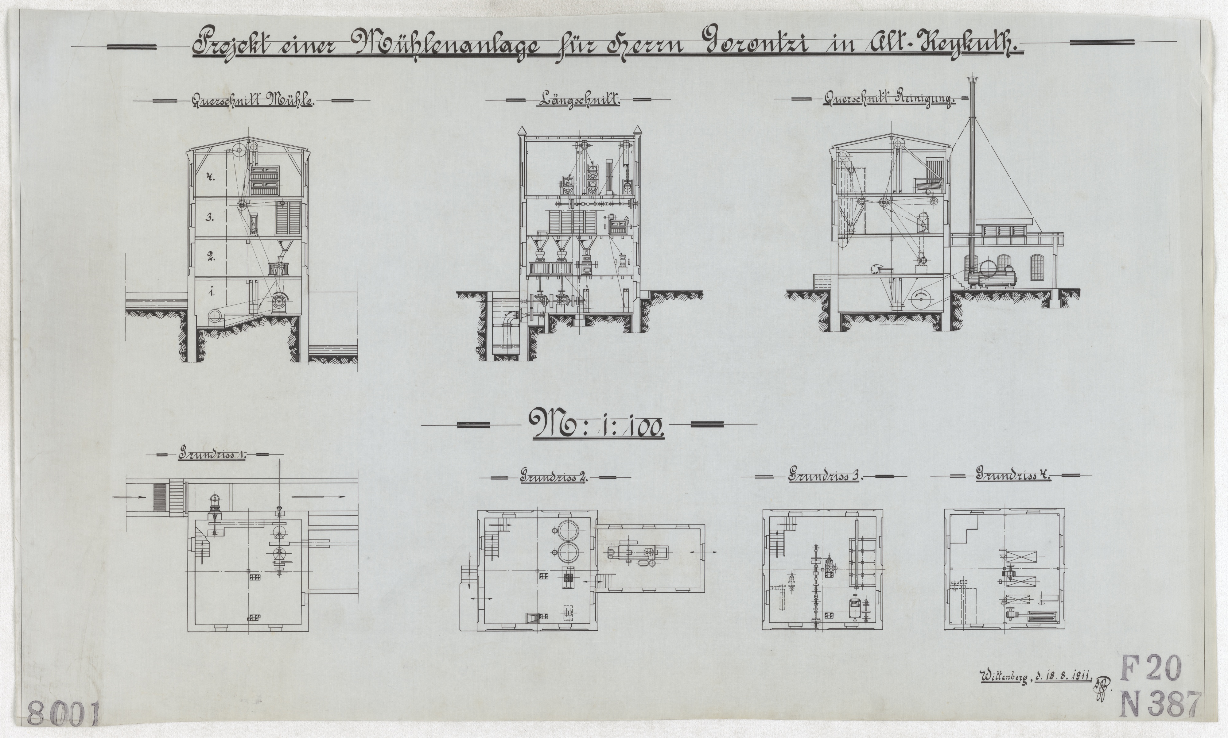 Technische Zeichnung : Projekt einer Mühlenanlage für Herrn Gorontzi in Alt-Keykuth (Stiftung Deutsches Technikmuseum Berlin CC BY-SA)