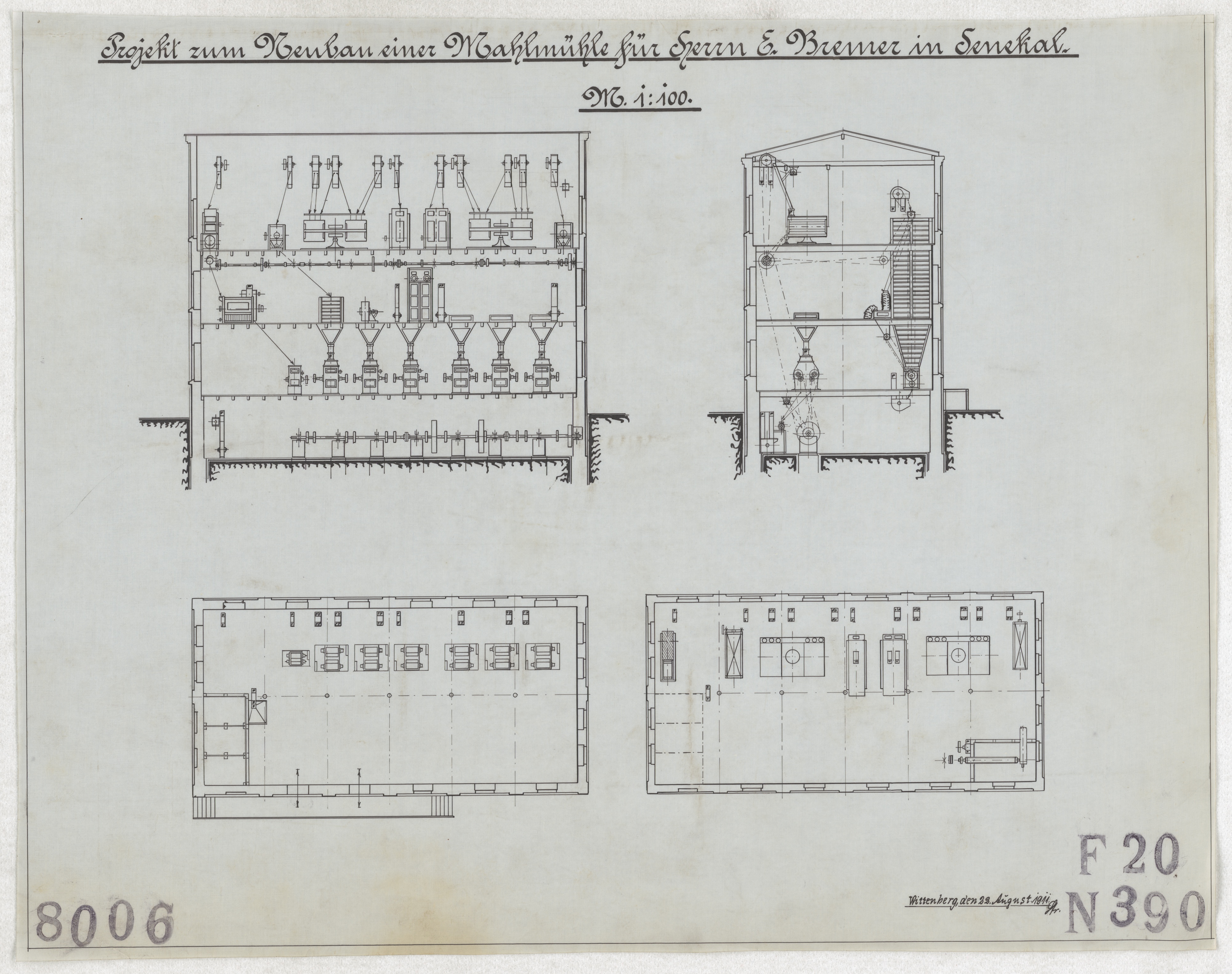 Technische Zeichnung : Projekt zum Neubau einer Mahlmühle für Herrn E. Bremer in Senekal (Stiftung Deutsches Technikmuseum Berlin CC BY-SA)