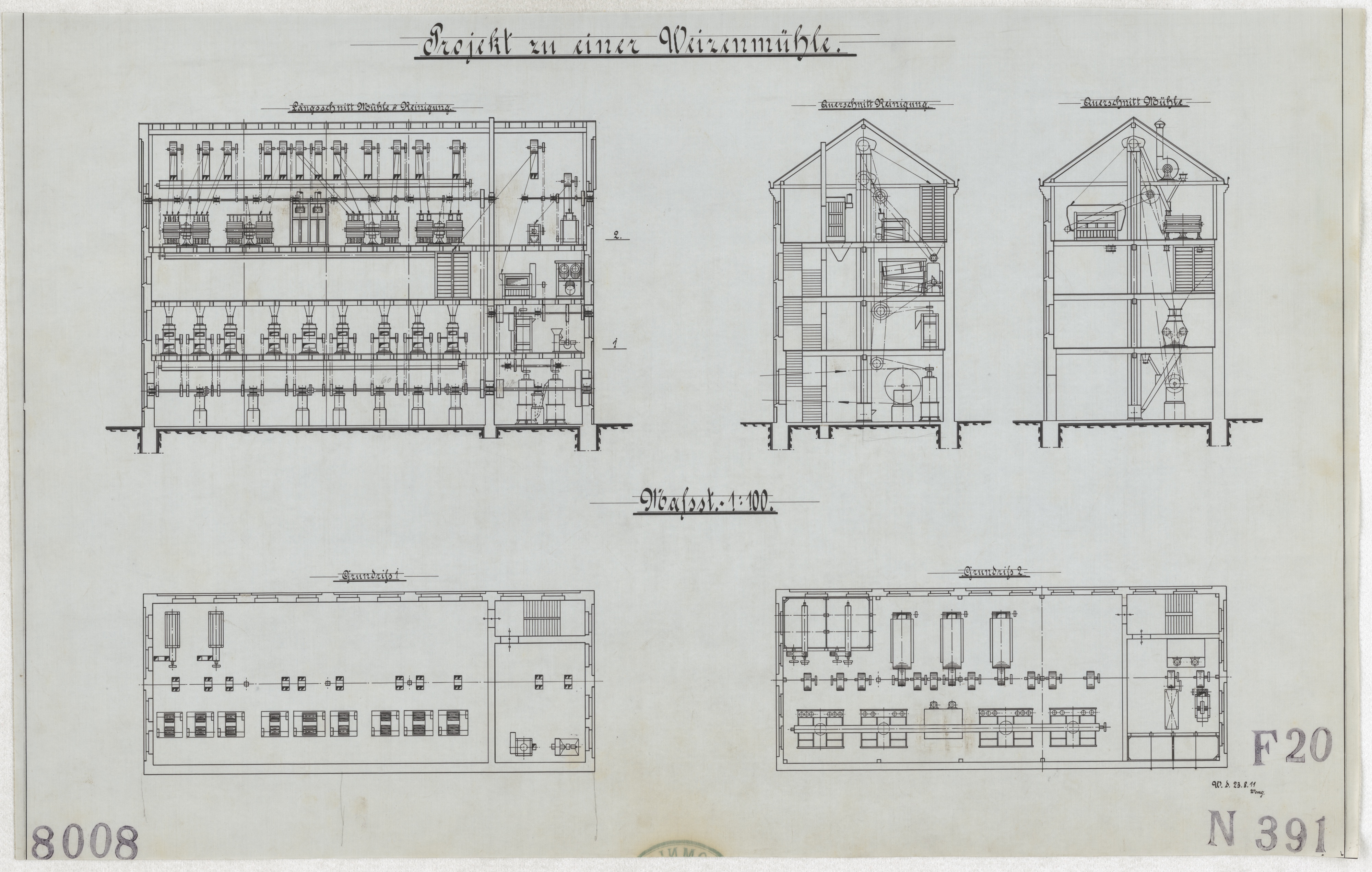 Technische Zeichnung : Projekt zu einer Weizenmühle (Stiftung Deutsches Technikmuseum Berlin CC BY-SA)