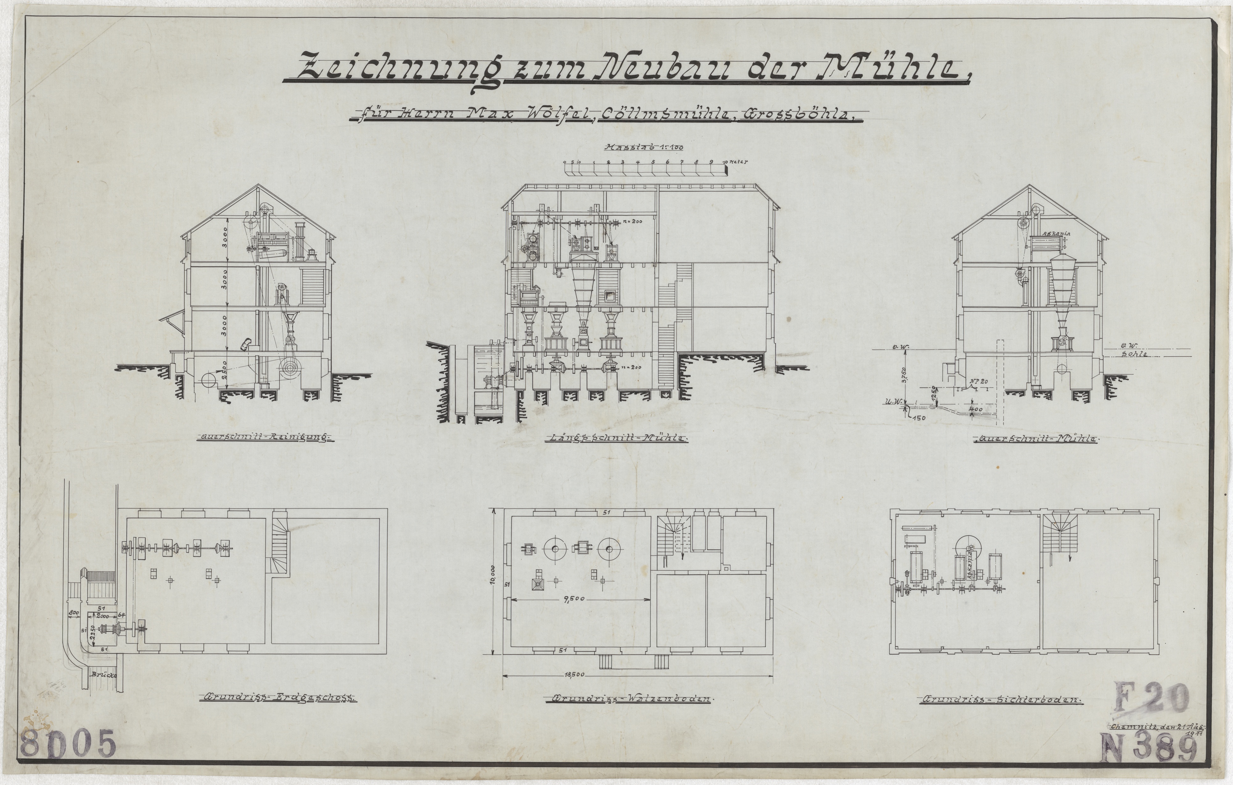 Technische Zeichnung : Zeichnung zum Neubau der Mühle für Herrn Max Wölfel, Cöllmsmühle Großböhla (Stiftung Deutsches Technikmuseum Berlin CC BY-SA)