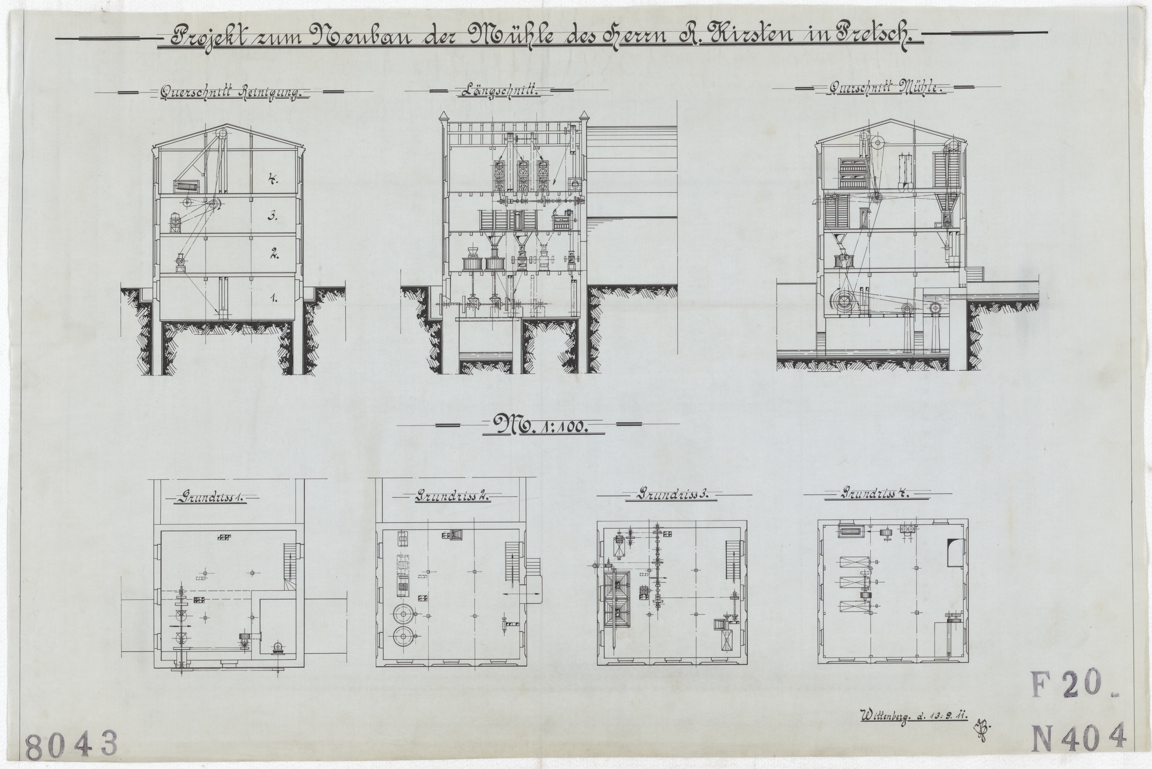 Technische Zeichnung : Projekt zum Neubau der Mühle des Herrn R. Kirsten in Pretsch (Stiftung Deutsches Technikmuseum Berlin CC BY-SA)
