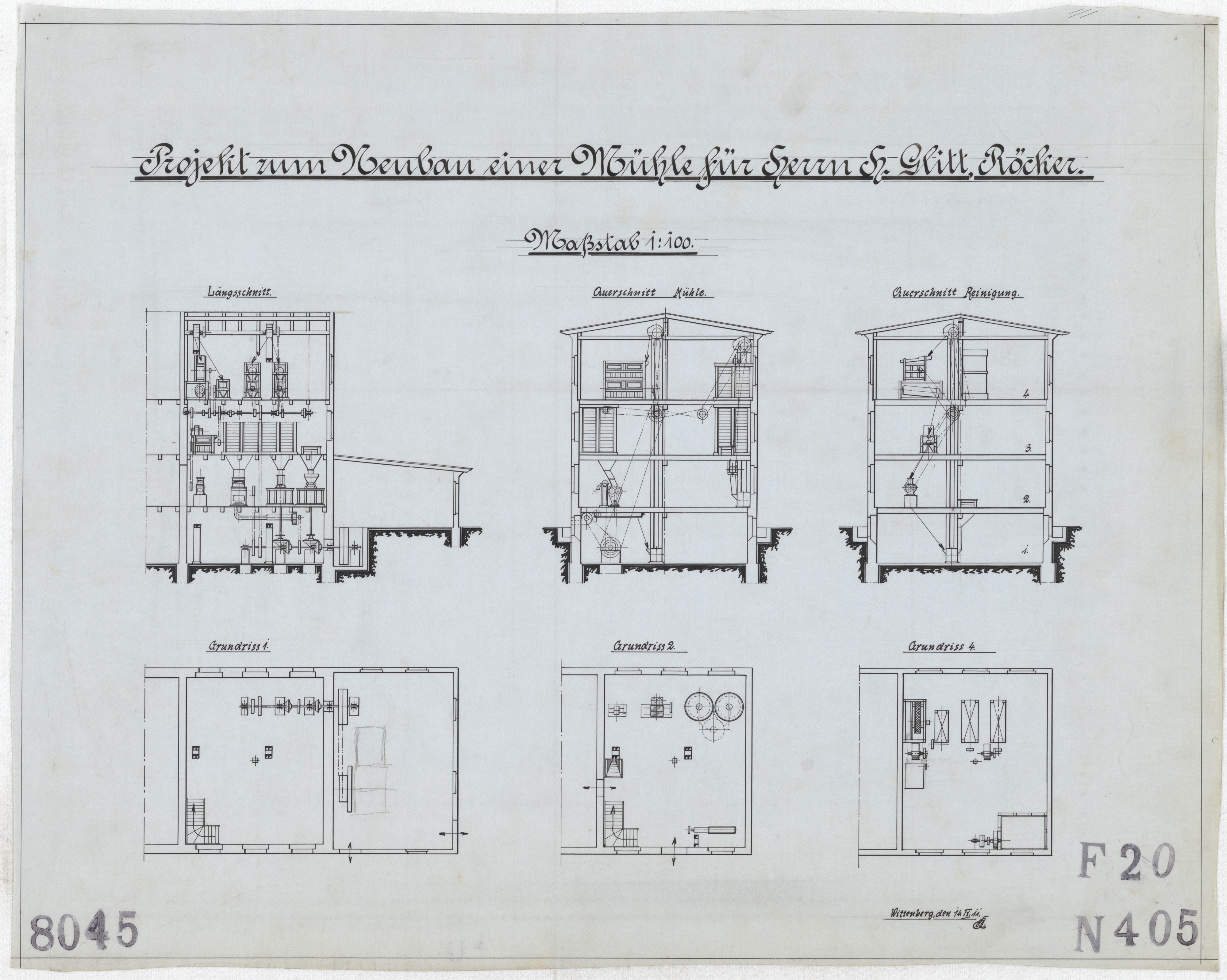 Technische Zeichnung : Projekt zum Neubau einer Mühle für Herrn H. Glitt, Röcker (Stiftung Deutsches Technikmuseum Berlin CC BY-SA)