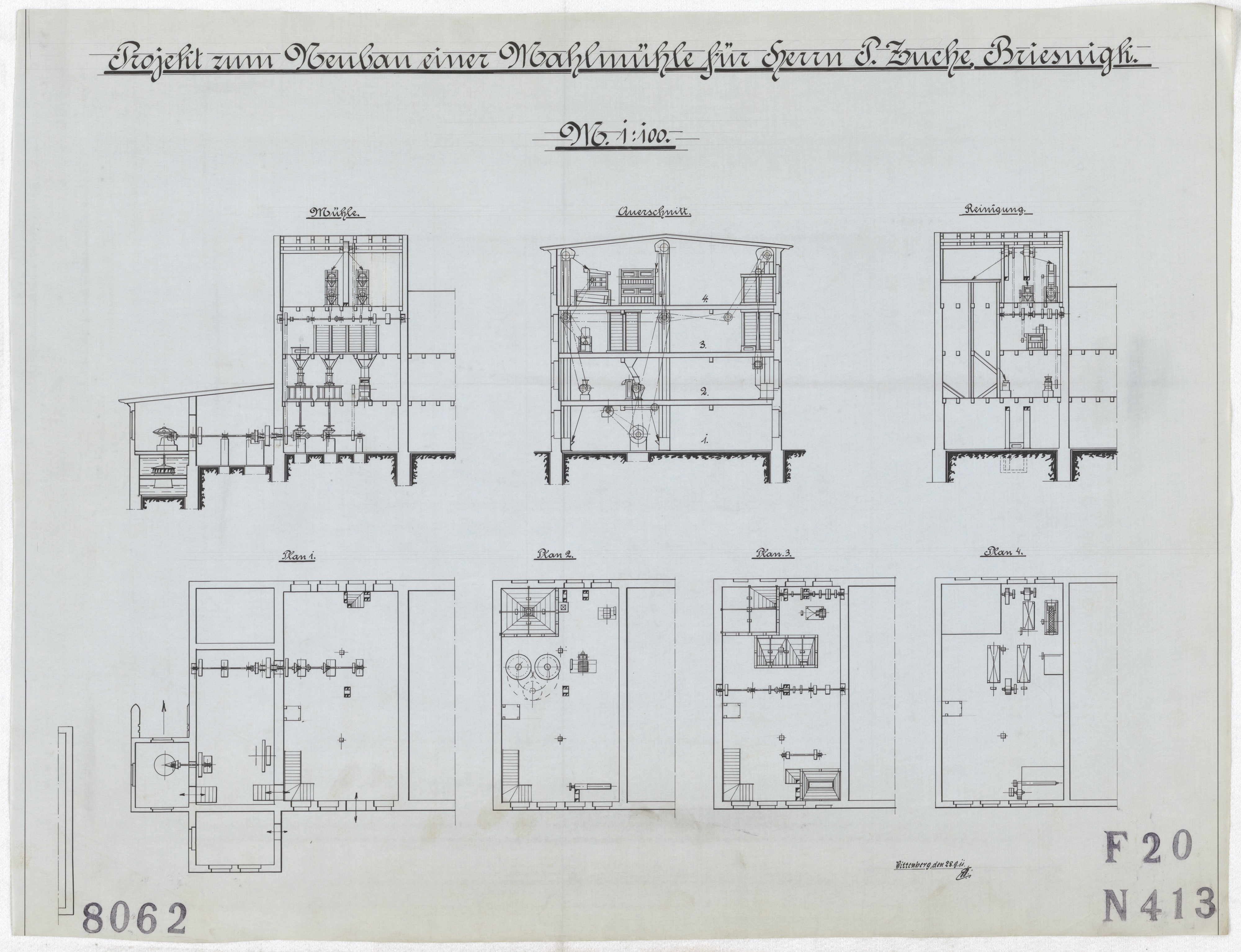 Technische Zeichnung : Projekt zum Neubau einer Mahlmühle für Herrn P. Zuche, Briesnigk (Stiftung Deutsches Technikmuseum Berlin CC BY-SA)