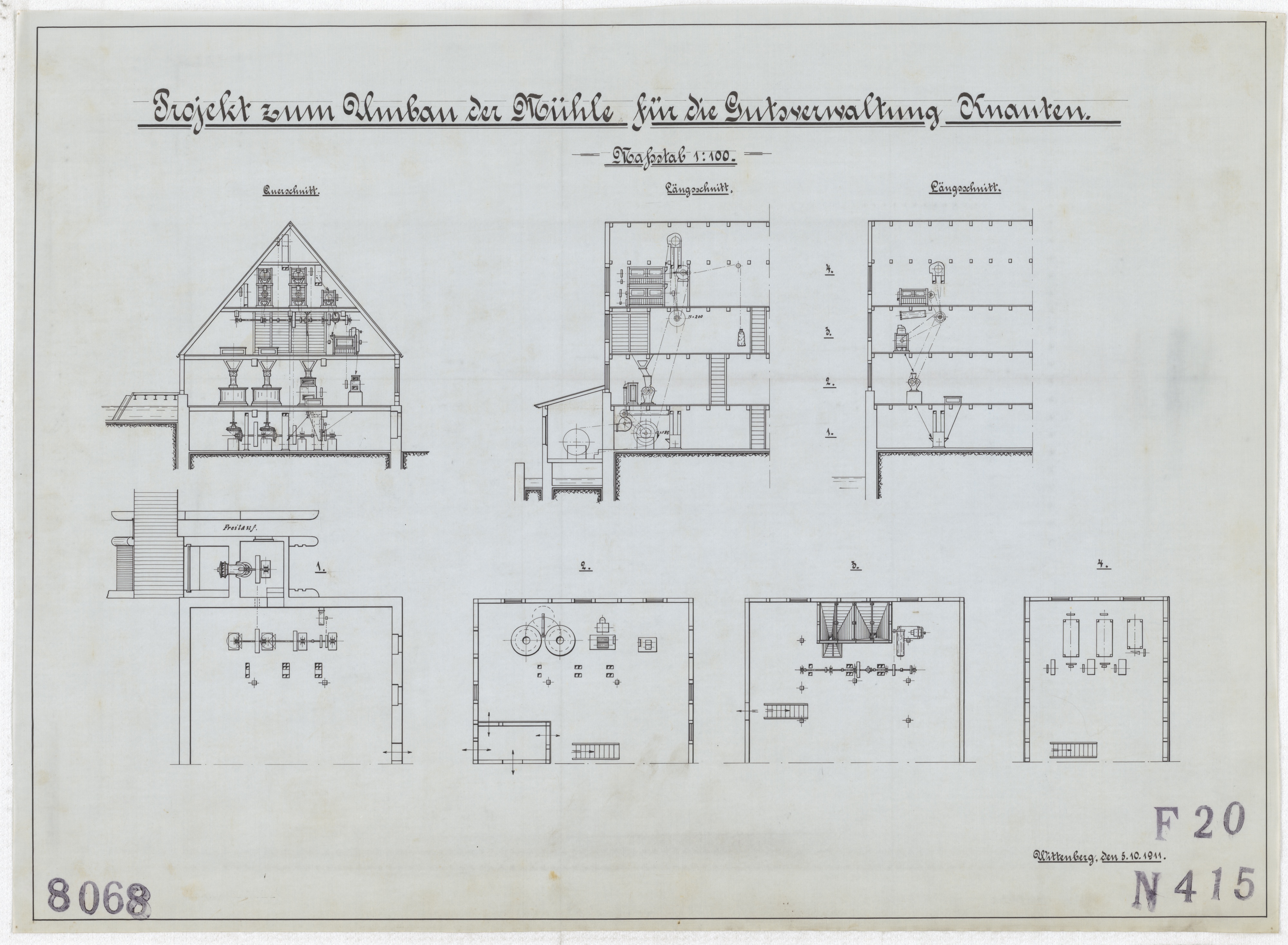 Technische Zeichnung : Projekt zum Umbau der Mühle für die Gutsverwaltung Knauten (Stiftung Deutsches Technikmuseum Berlin CC BY-SA)