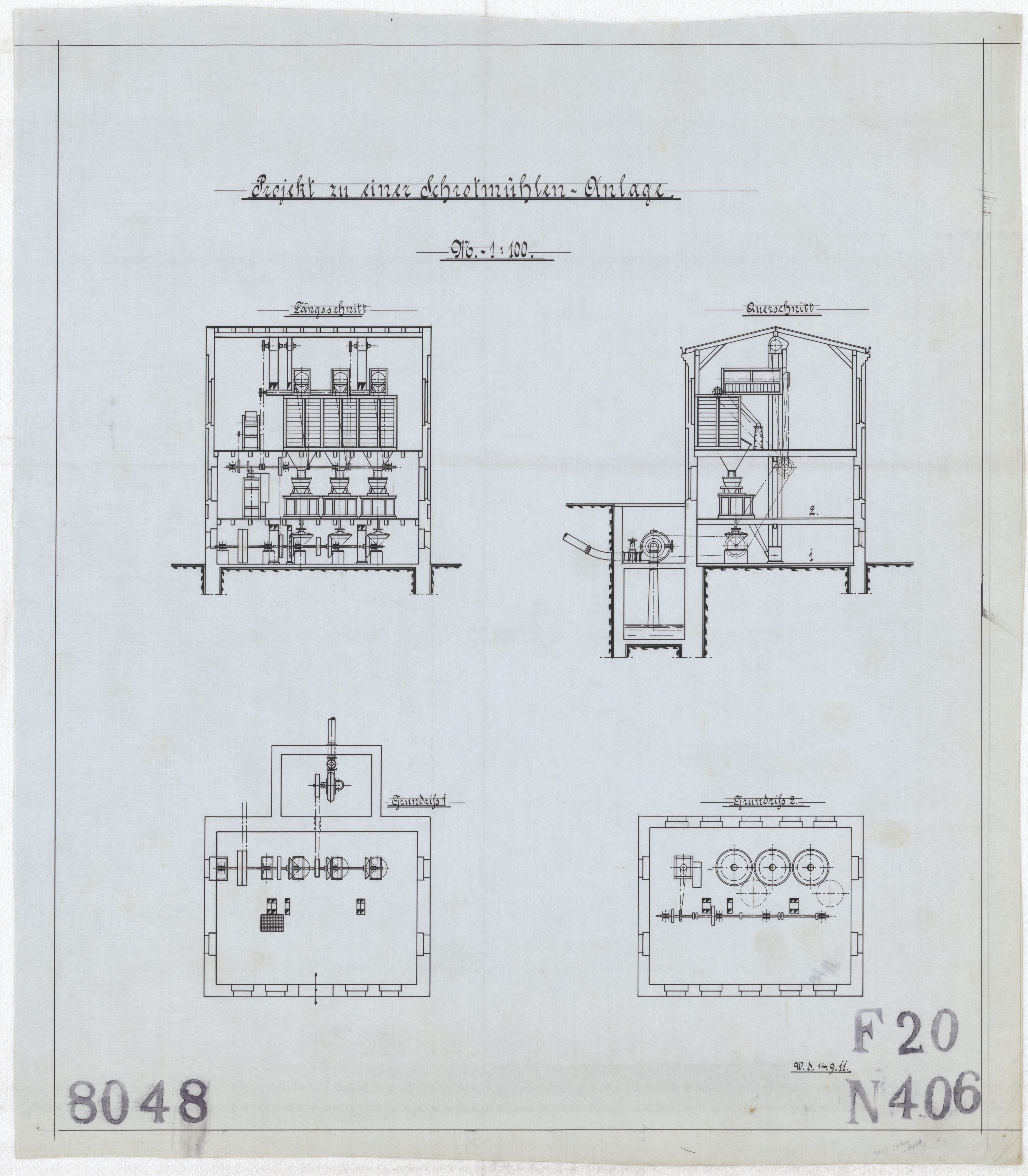 Technische Zeichnung : Projekt zu einer Schrotmühlen-Anlage (Stiftung Deutsches Technikmuseum Berlin CC BY-SA)