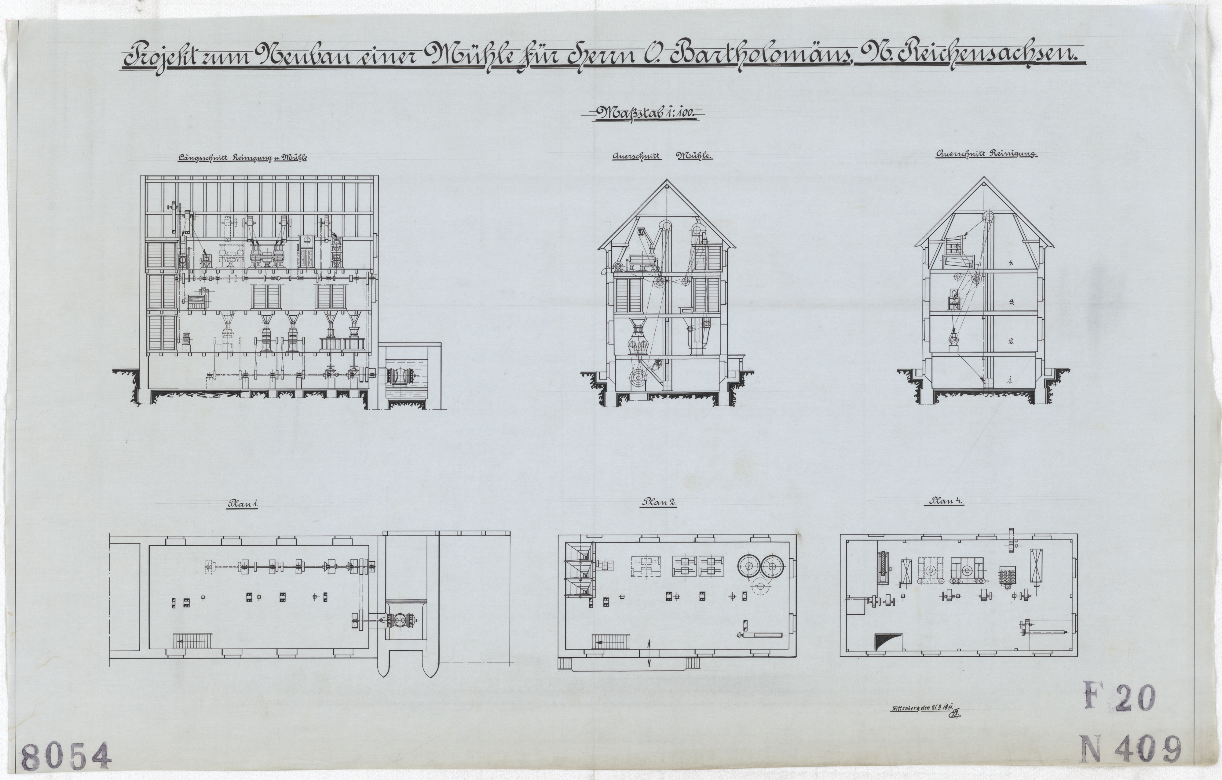 Technische Zeichnung : Projekt zum Neubau einer Mühle für Herrn O. Bartholomäus, Nieder-Reichensachsen (Stiftung Deutsches Technikmuseum Berlin CC BY-SA)