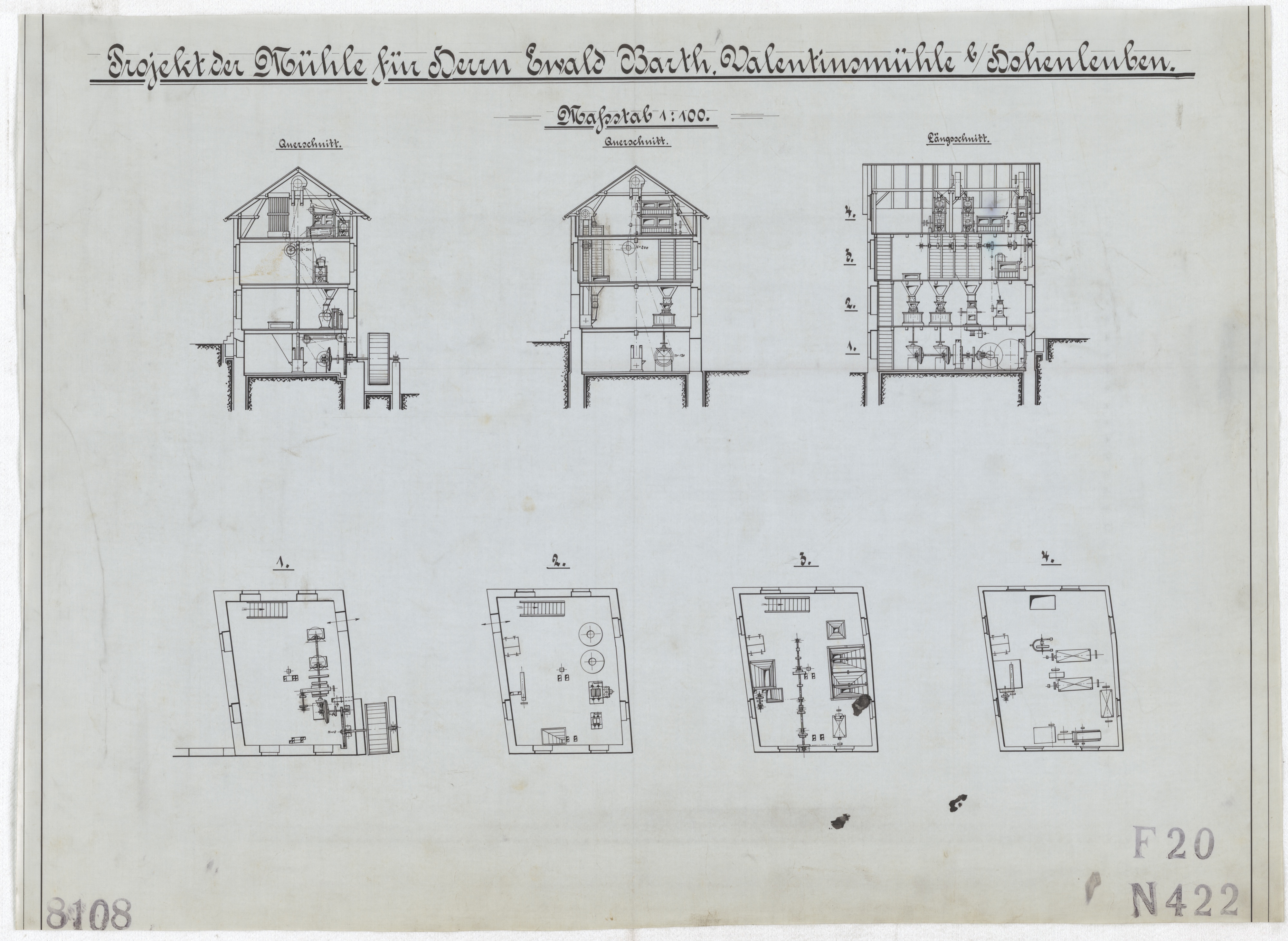 Technische Zeichnung : Projekt der Mühle für Herrn Ewald Barth, Valentinsmühle bei Hohenleuben (Stiftung Deutsches Technikmuseum Berlin CC BY-SA)
