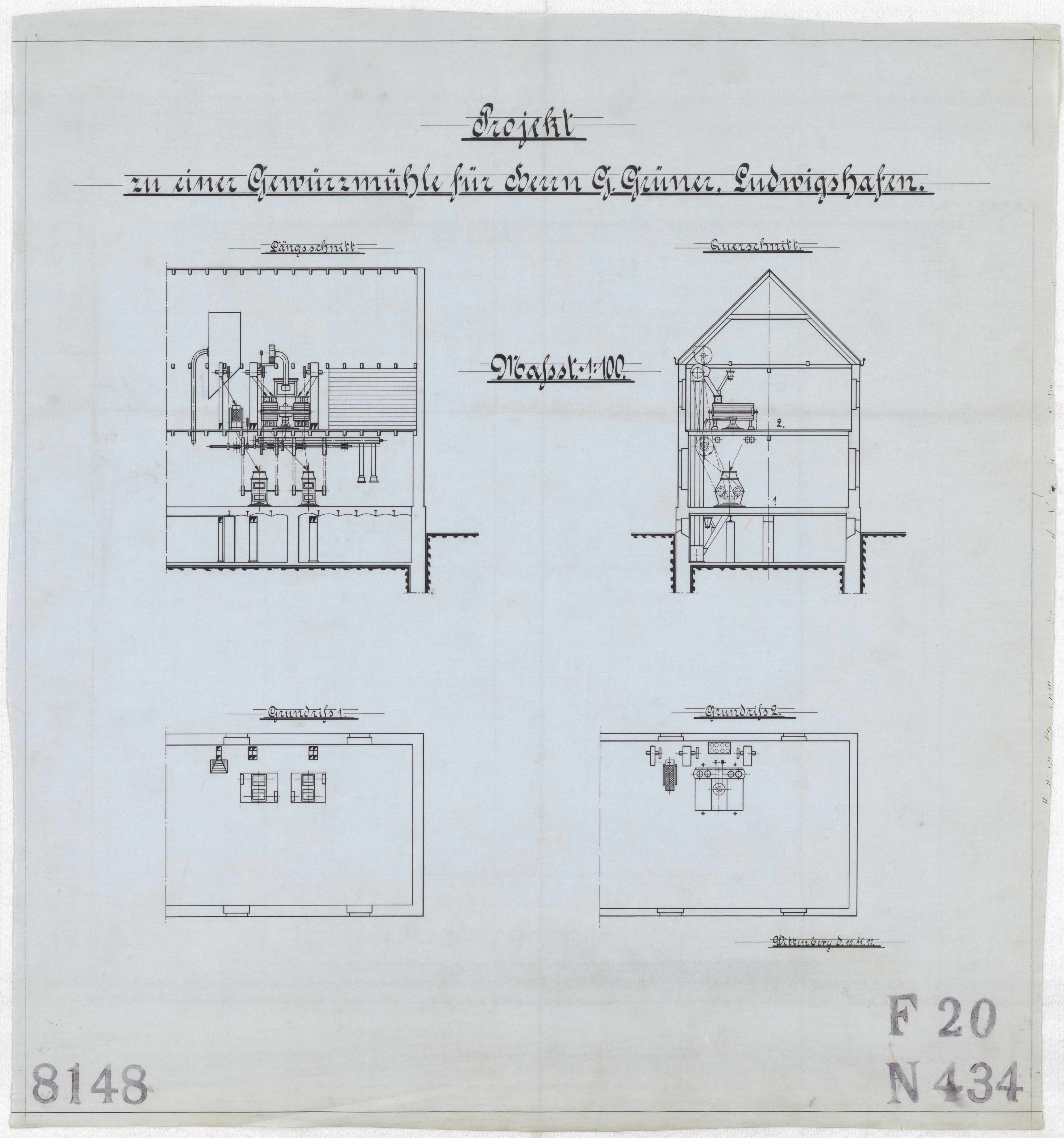 Technische Zeichnung : Projekt zu einer Gewürzmühle für Herrn Georg Grüner, Ludwigshafen (Stiftung Deutsches Technikmuseum Berlin CC BY-SA)