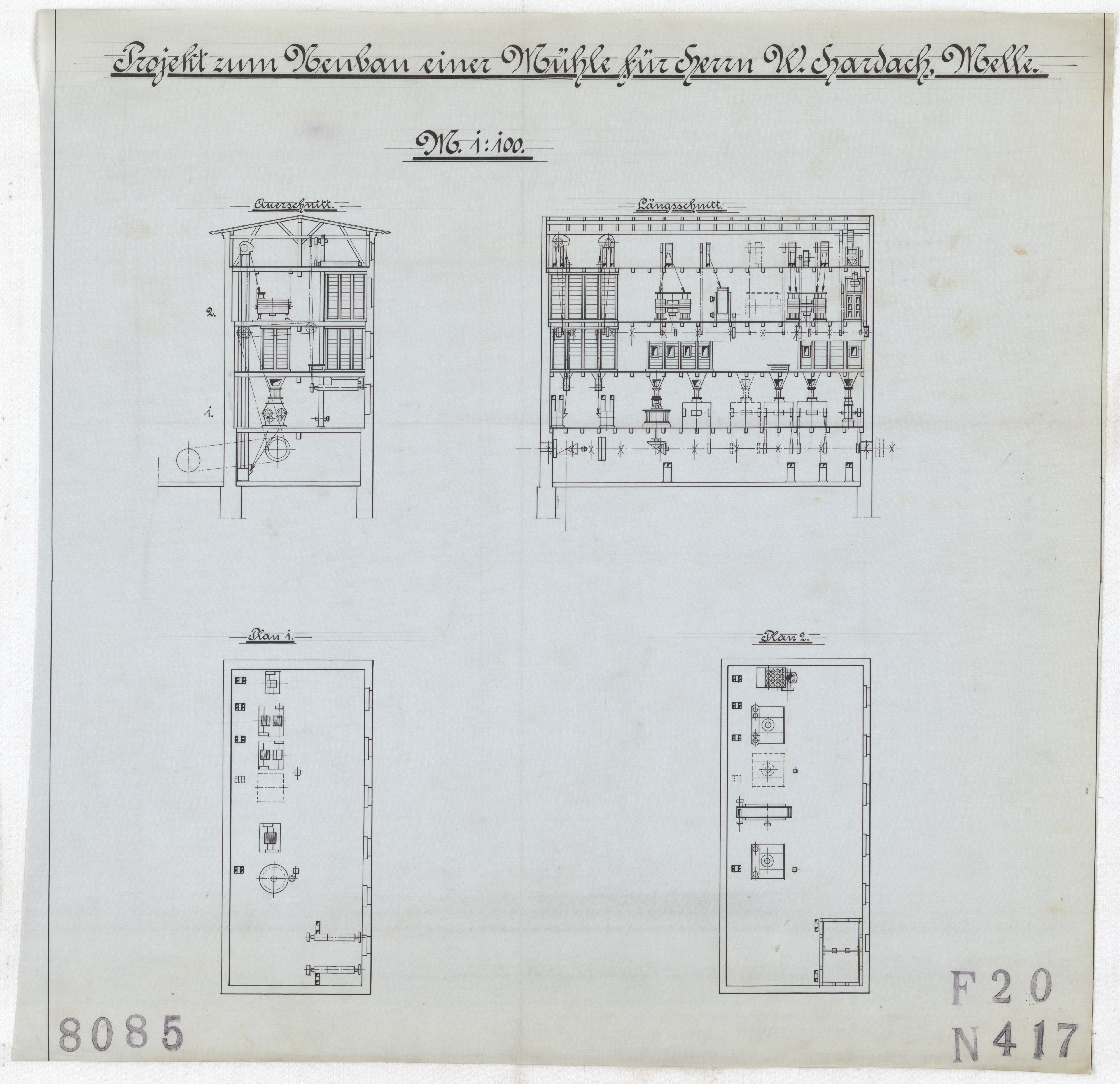 Technische Zeichnung : Projekt zum Neubau einer Mühle für Herrn Wilh. Hardach, Melle (Stiftung Deutsches Technikmuseum Berlin CC BY-SA)