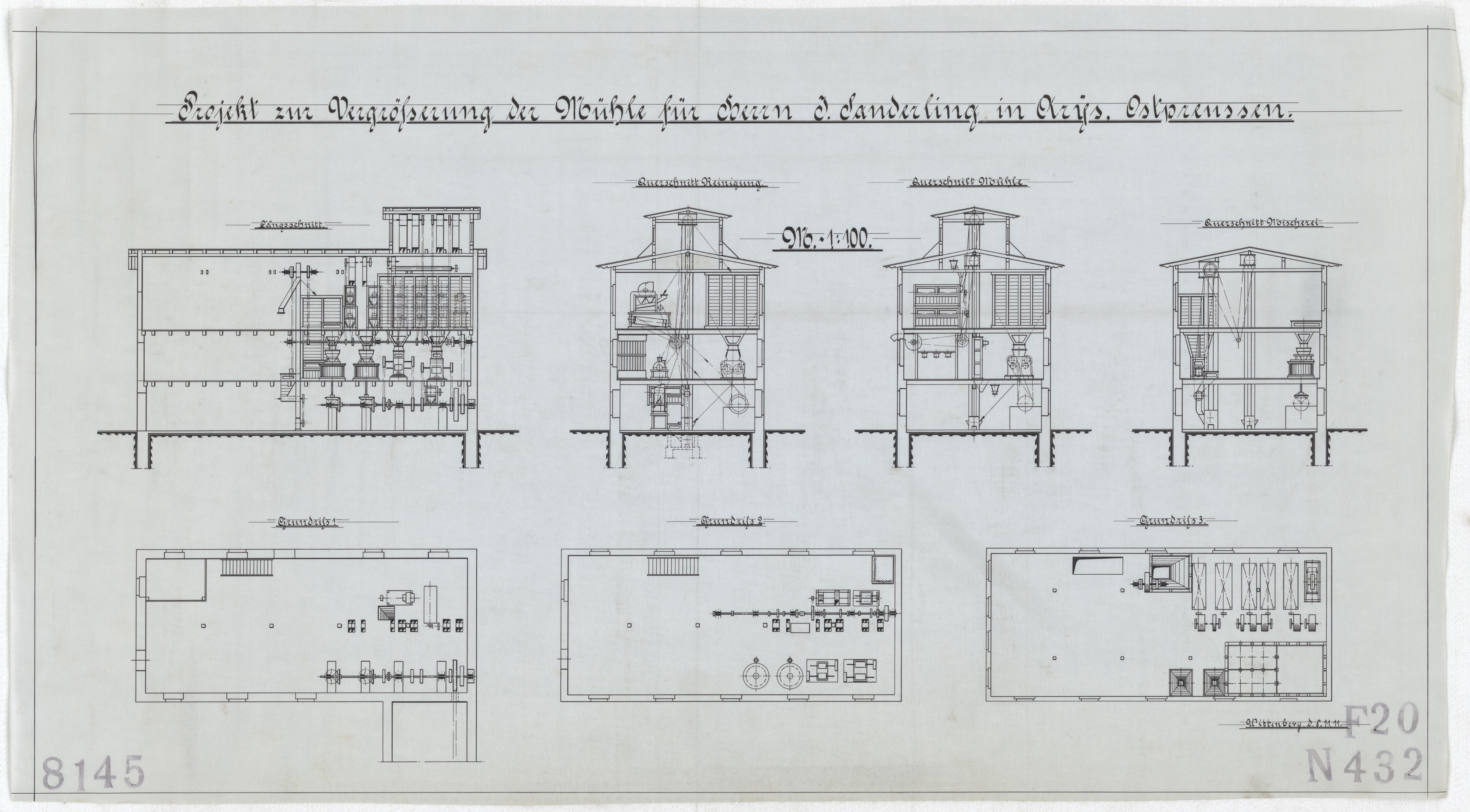 Technische Zeichnung : Projekt zur Vergrößerung der Mühle für Herrn J. Sanderling in Arys, Ostpreußen (Stiftung Deutsches Technikmuseum Berlin CC BY-SA)