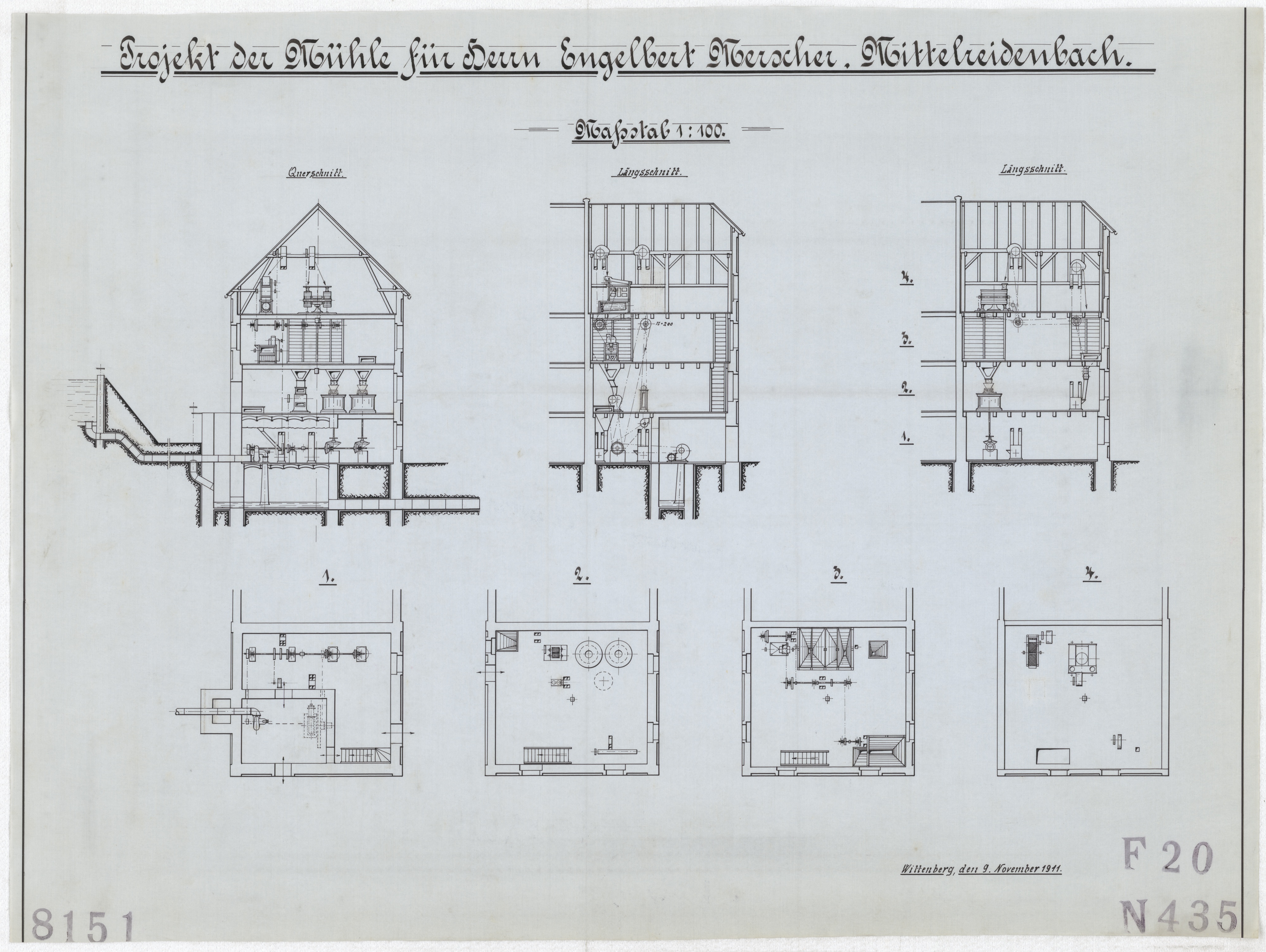 Technische Zeichnung : Projekt der Mühle für Herrn Engelbert Merscher, Mittelreidenbach (Stiftung Deutsches Technikmuseum Berlin CC BY-SA)