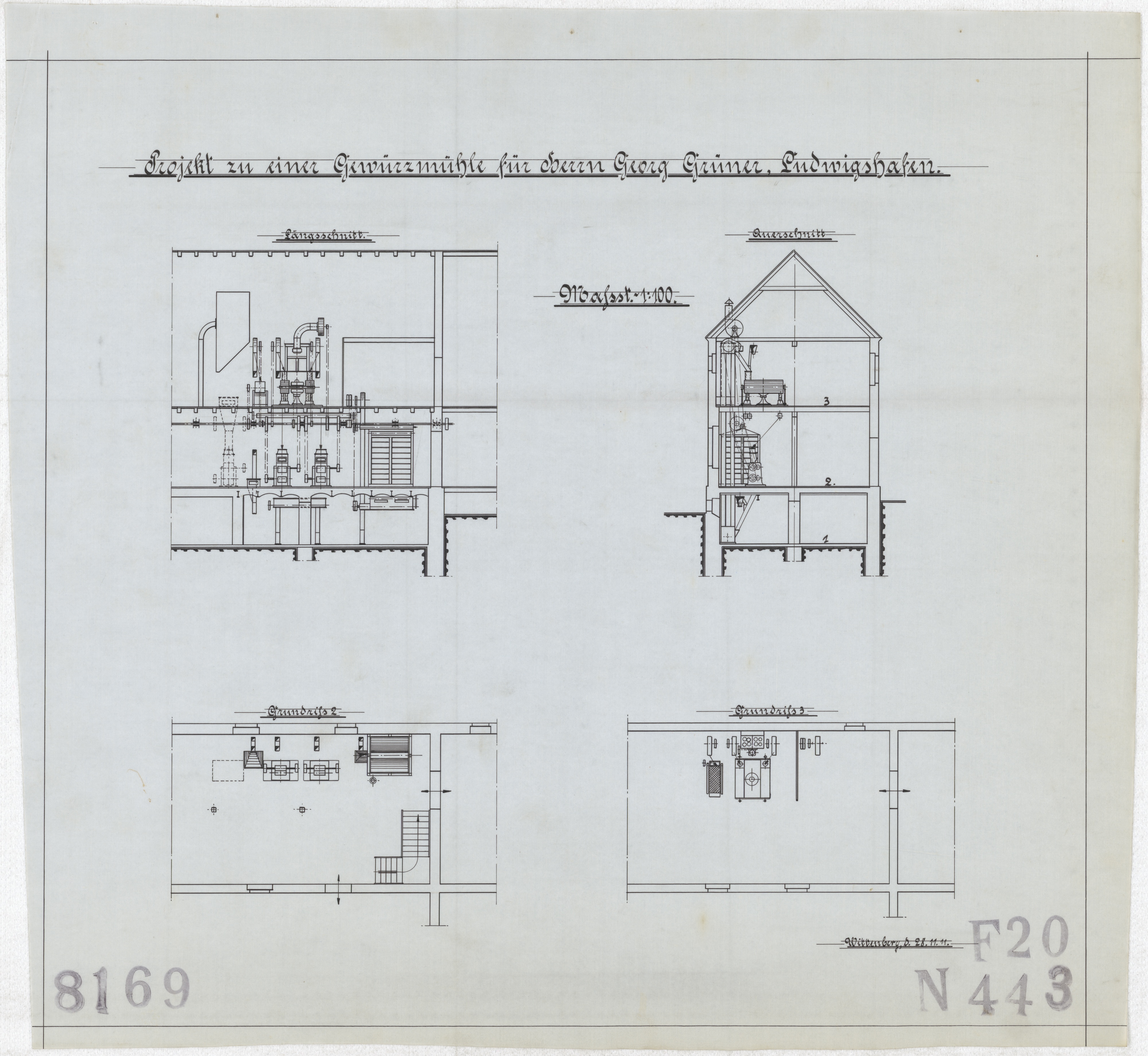Technische Zeichnung : Projekt zu einer Gewürzmühle für Herrn Georg Grüner, Ludwigshafen (Stiftung Deutsches Technikmuseum Berlin CC BY-SA)