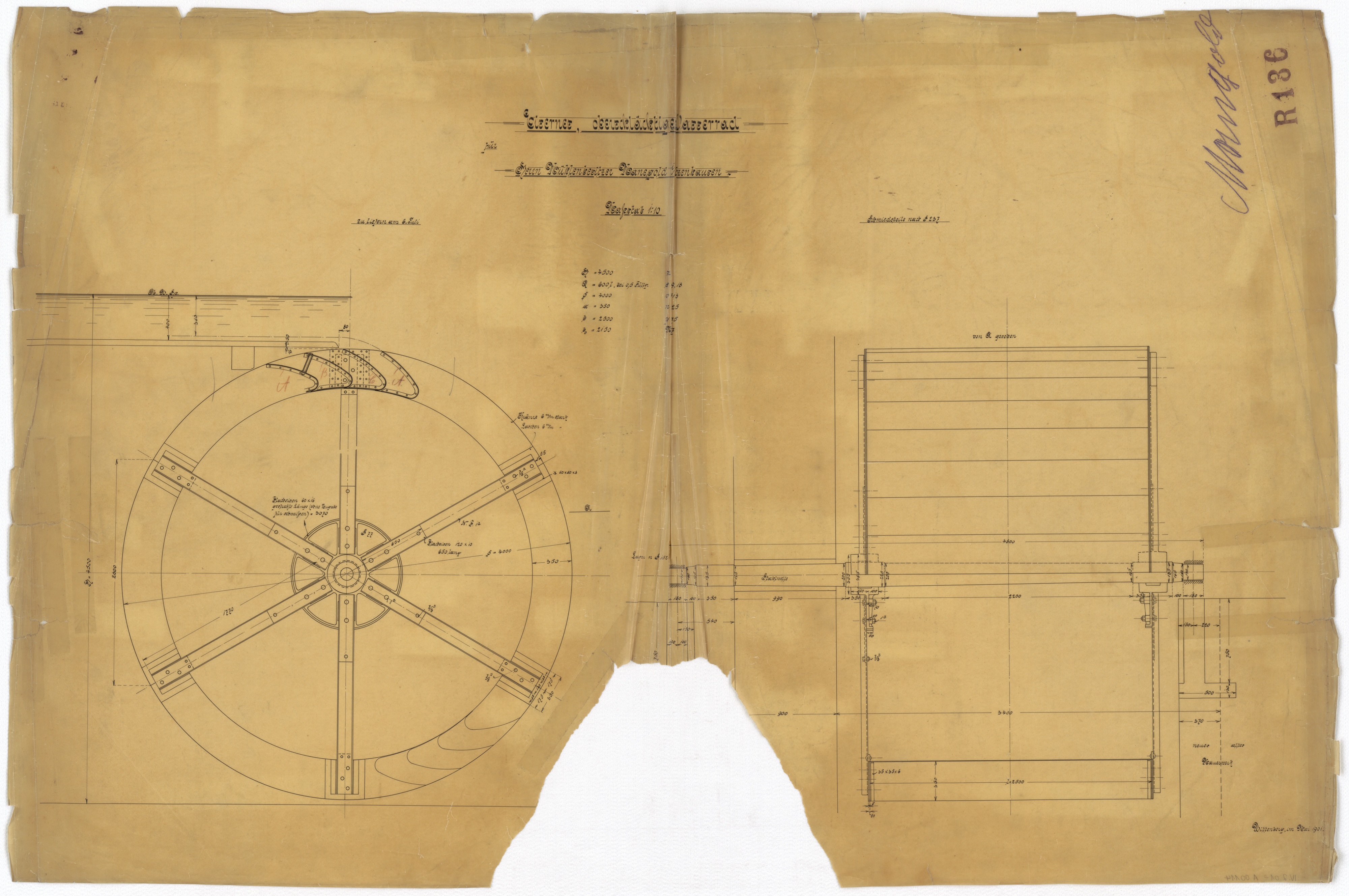Technische Zeichnung : Eisernes, oberschlächtiges Wasserrad für Herrn Mühlenbesitzer Manegald in Witzenhausen (Stiftung Deutsches Technikmuseum Berlin CC BY-SA)