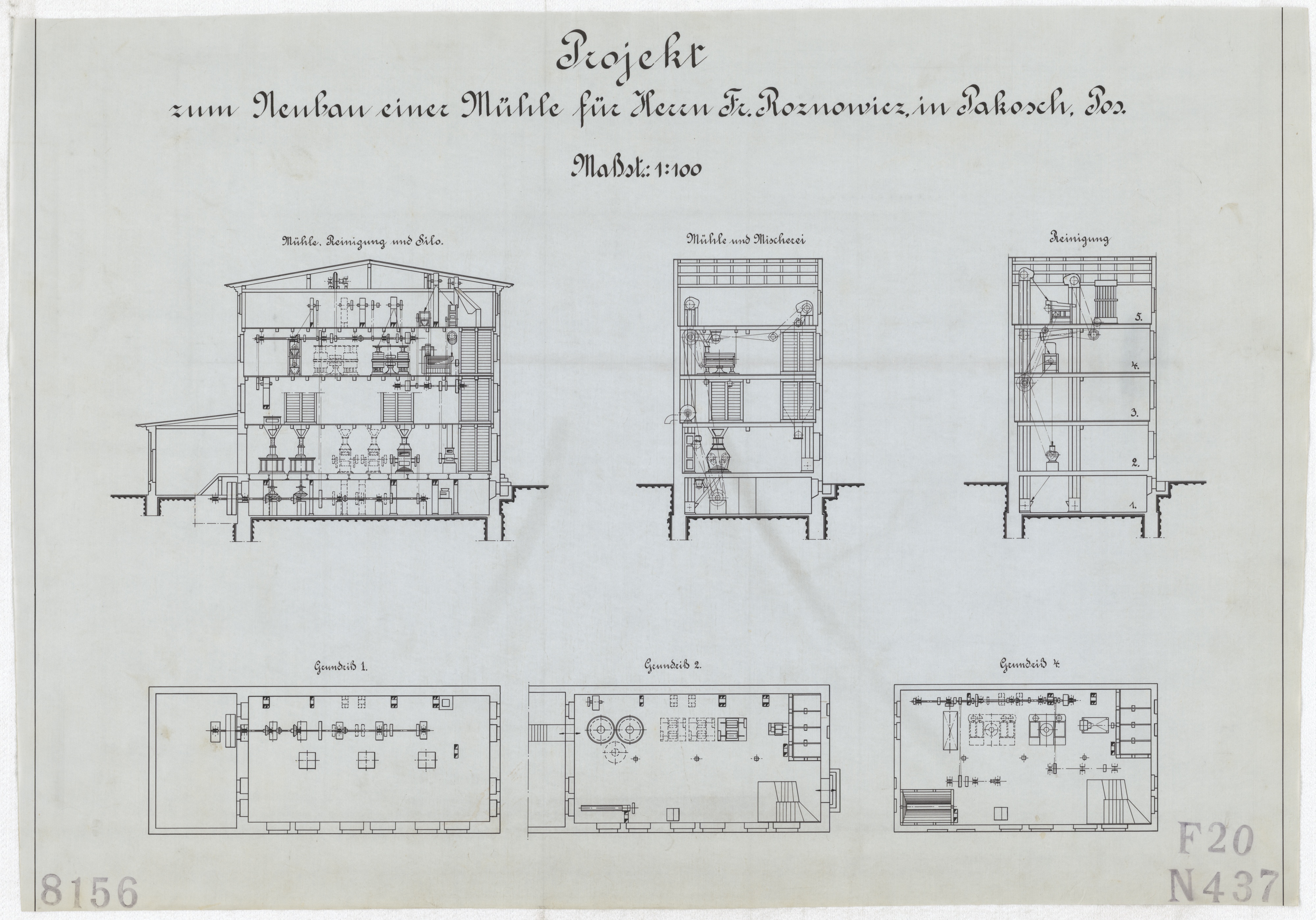 Technische Zeichnung : Projekt zum Neubau einer Mühle für Herrn Fr. Roznowicz, in Pakosch, Posen (Stiftung Deutsches Technikmuseum Berlin CC BY-SA)