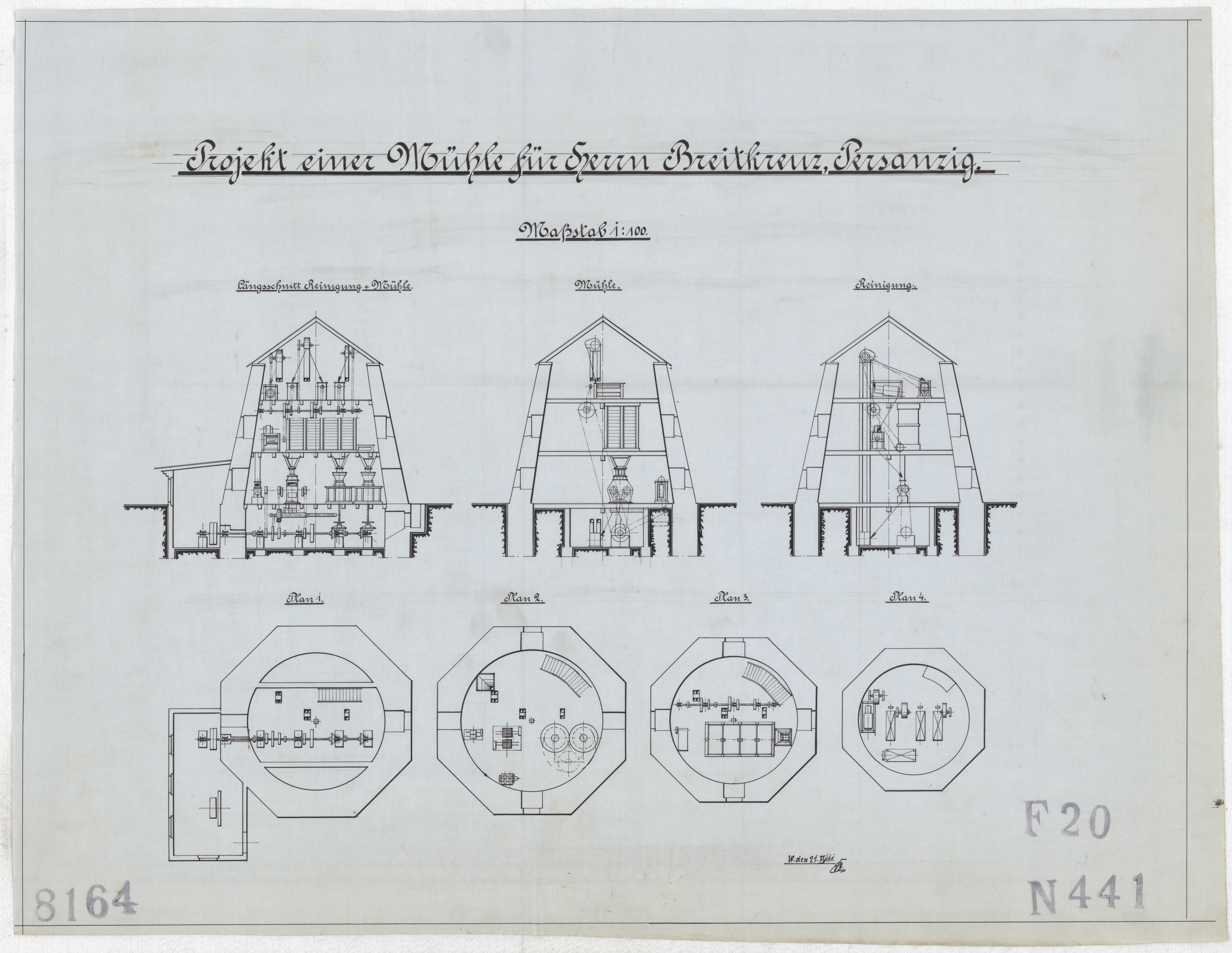Technische Zeichnung : Projekt einer Mühle für Herrn Breitkreuz, Persanzig (Stiftung Deutsches Technikmuseum Berlin CC BY-SA)
