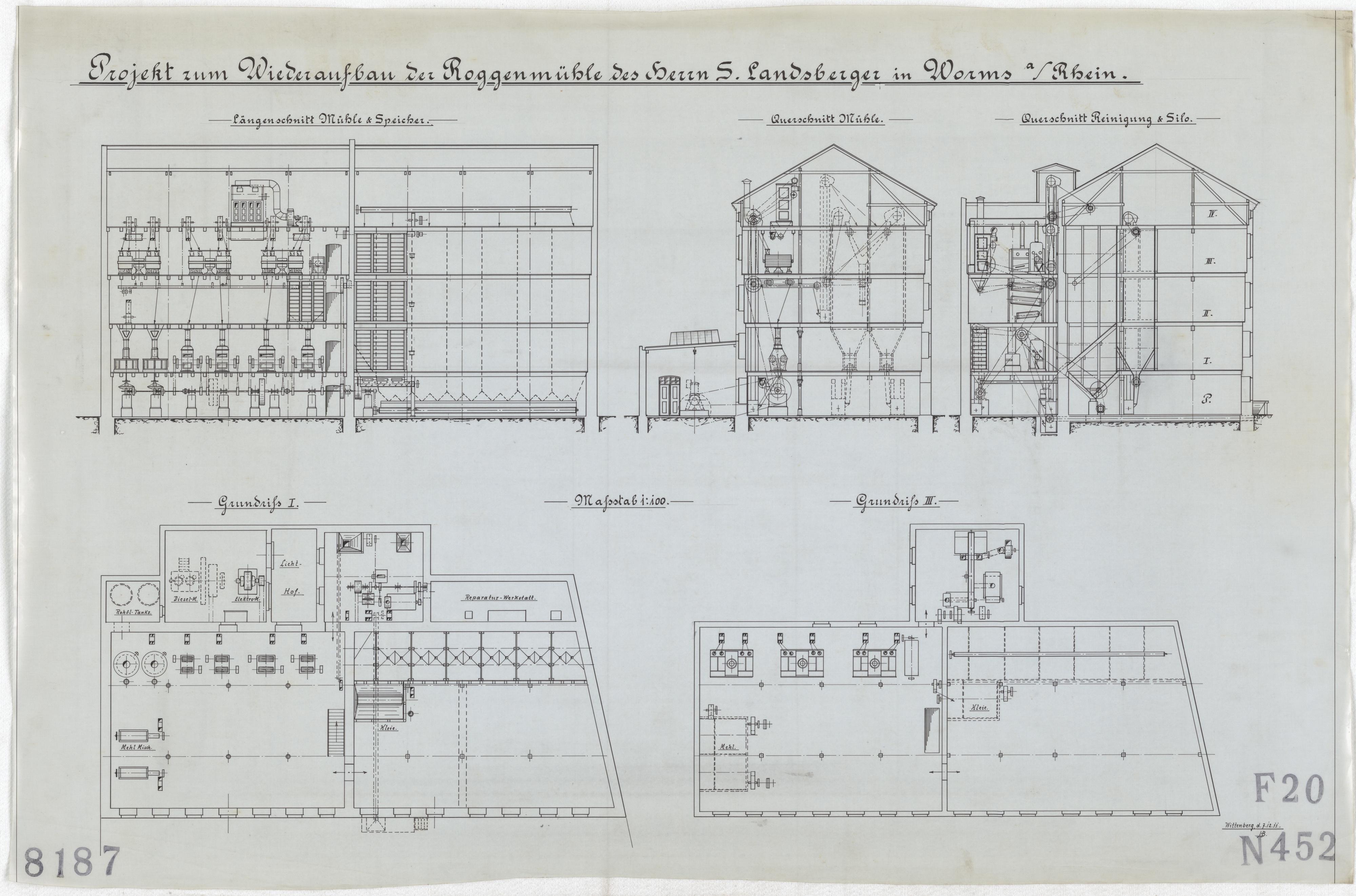 Technische Zeichnung : Projekt zum Wiederaufbau der Roggenmühle des Herrn S. Landsberger in Worms am Rhein (Stiftung Deutsches Technikmuseum Berlin CC BY-SA)