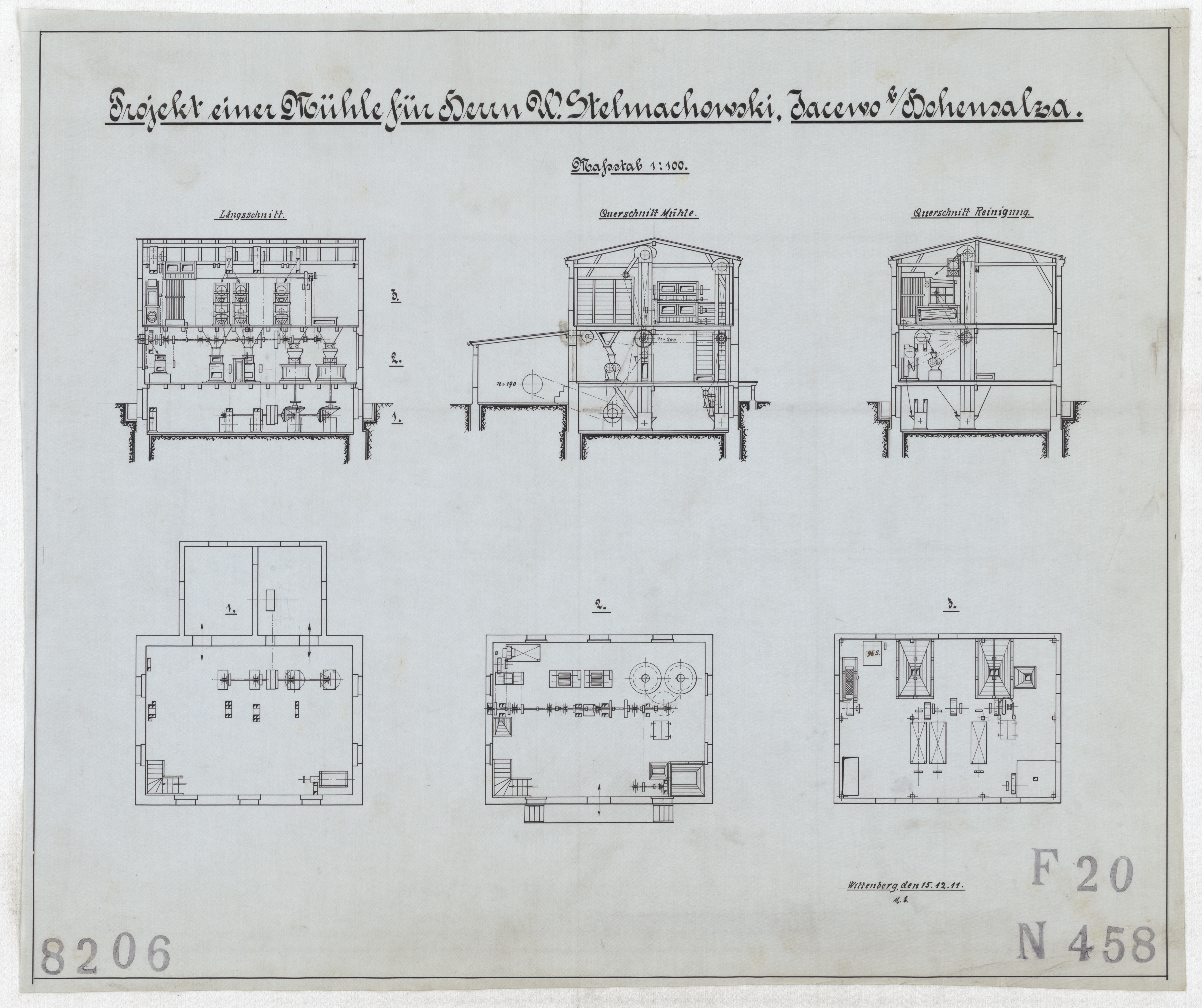 Technische Zeichnung : Projekt einer Mühle für Herrn W. Stelmachowski, Jacewo bei Hohensalza (Stiftung Deutsches Technikmuseum Berlin CC BY-SA)