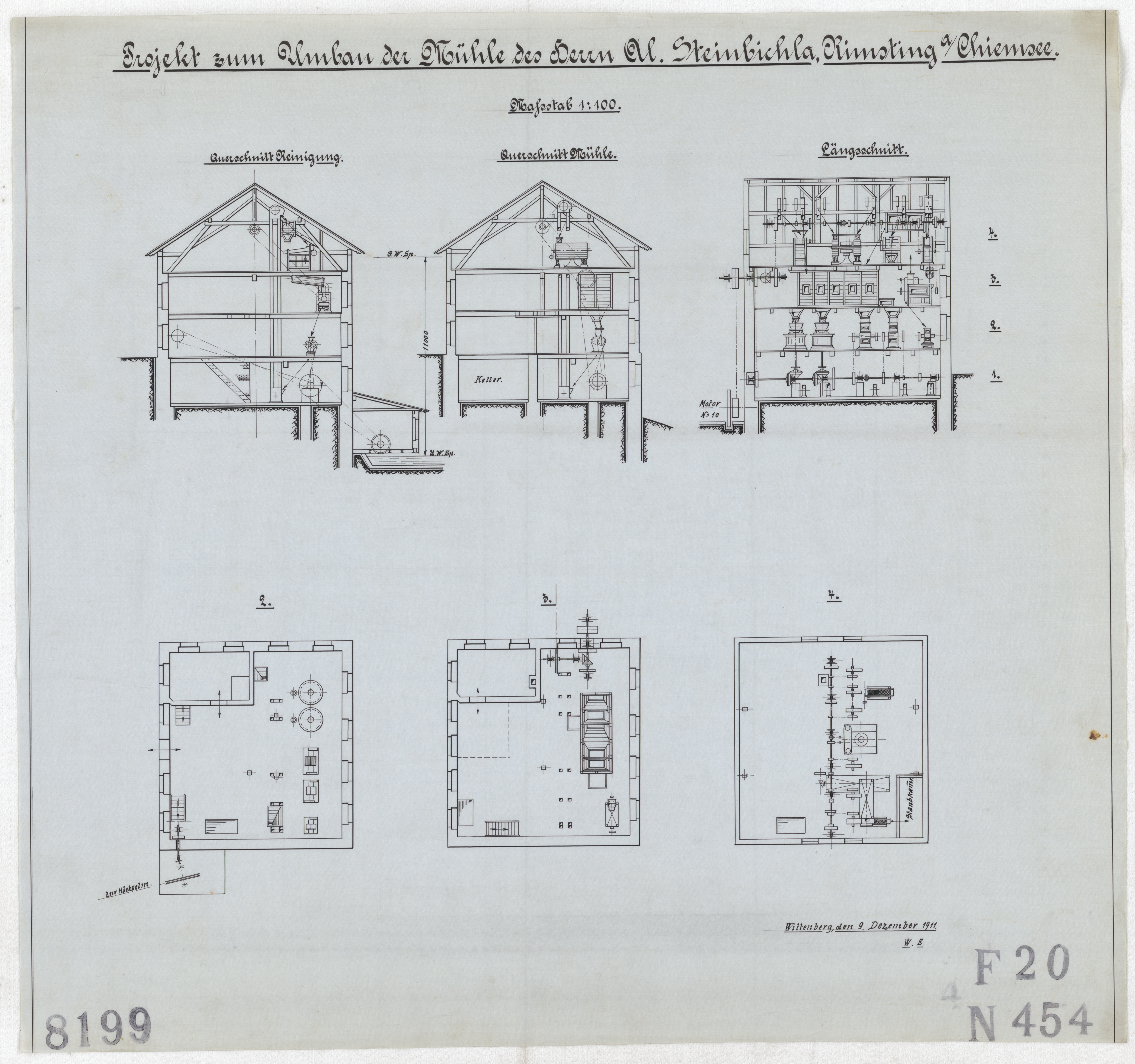 Technische Zeichnung : Projekt zum Umbau der Mühle des Herrn A. Steinbichla, Rimsting am Chiemsee (Stiftung Deutsches Technikmuseum Berlin CC BY-SA)