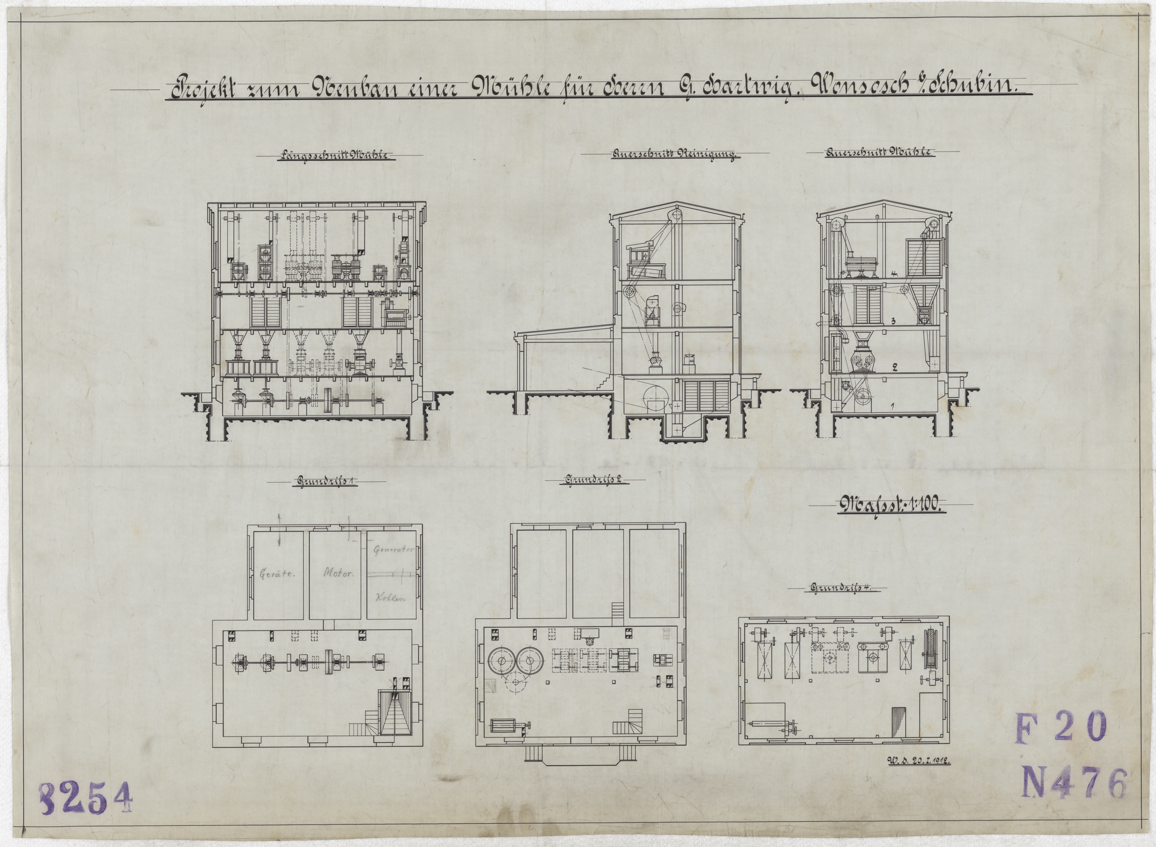 Technische Zeichnung : Projekt zum Neubau einer Mühle für Herrn G. Hartwig, Wonsosch bei Schubin (Stiftung Deutsches Technikmuseum Berlin CC BY-SA)