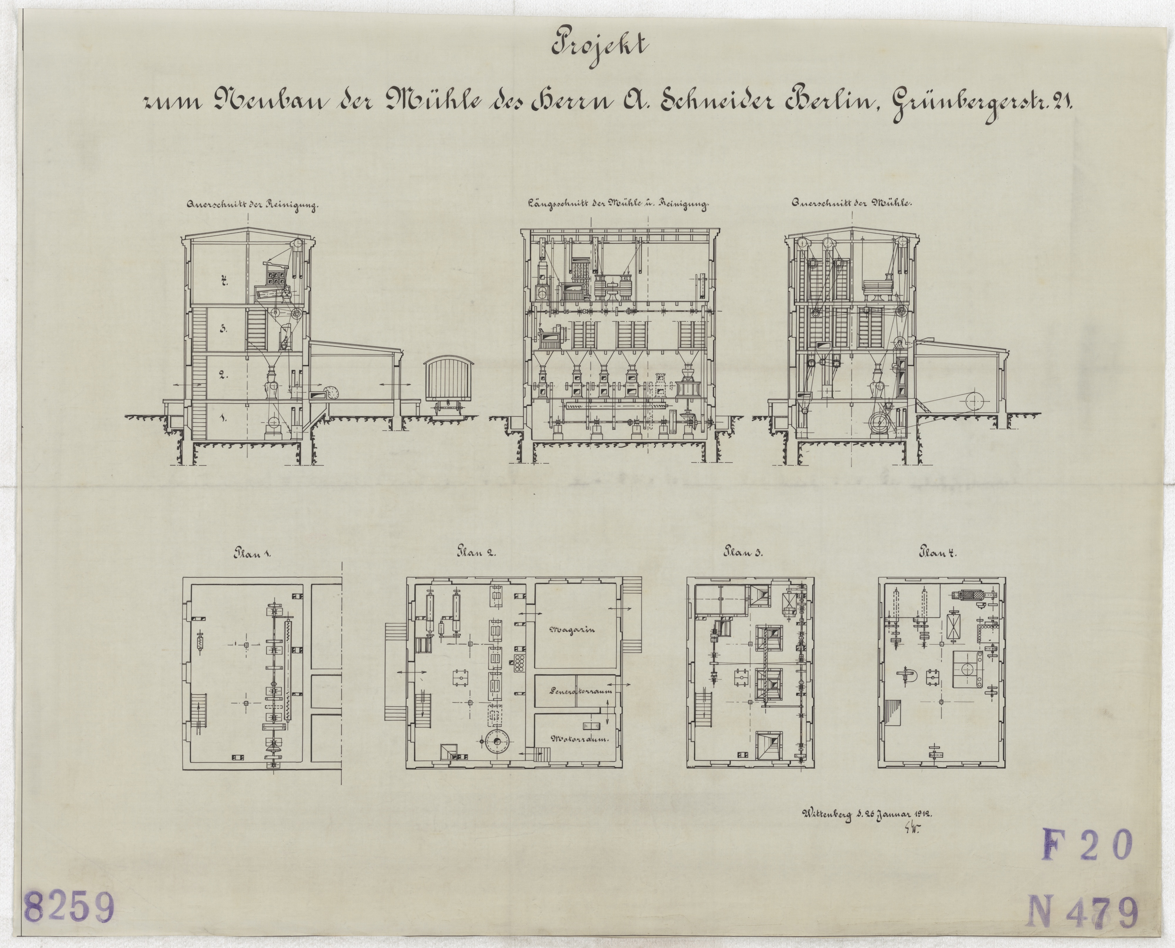 Technische Zeichnung : Projekt zum Neubau der Mühle des Herrn A. Schneider[,] Berlin, Grünbergerstraße 21 (Stiftung Deutsches Technikmuseum Berlin CC BY-SA)