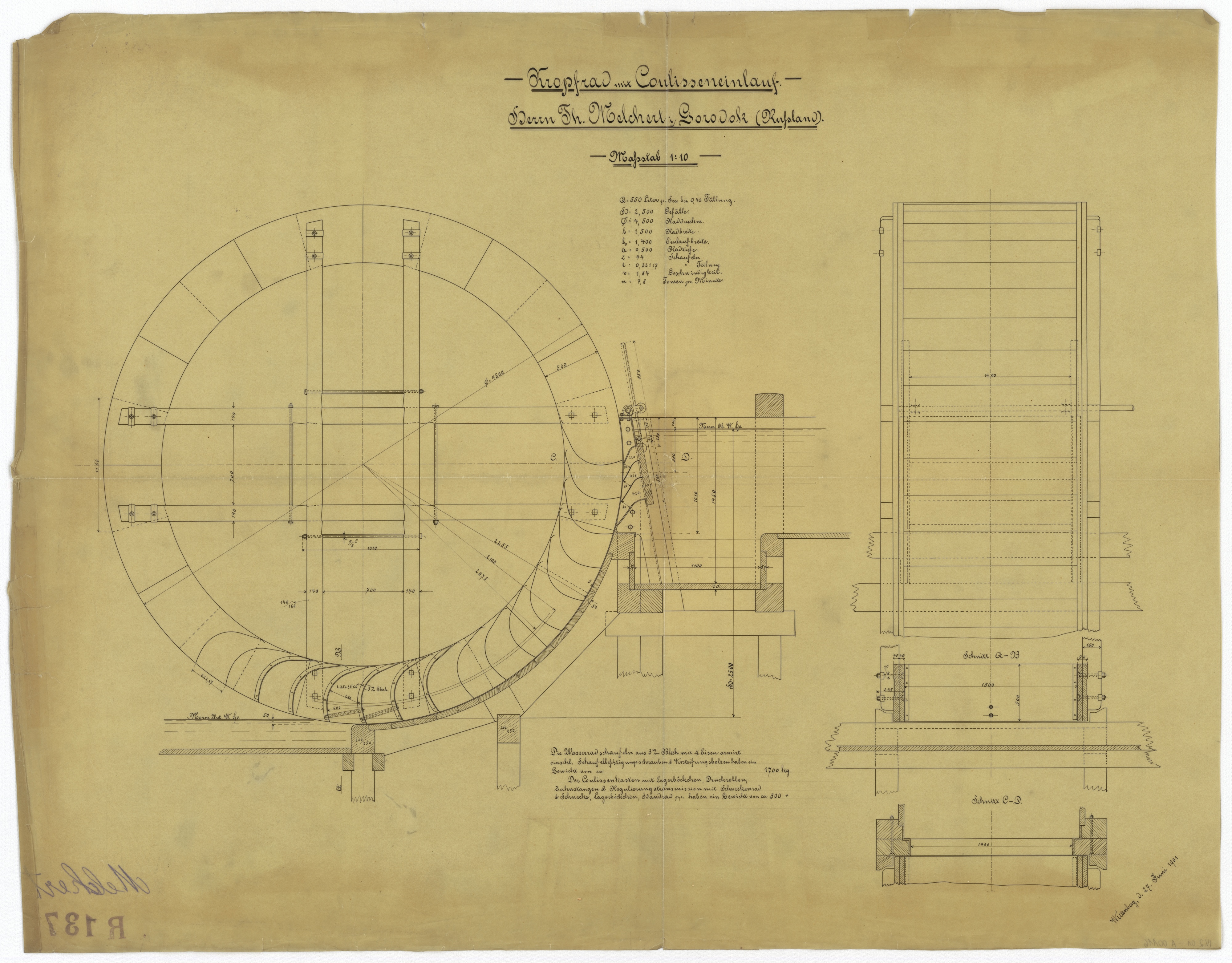 Technische Zeichnung : Kropfrad mit Kulisseneinlauf für Herrn Th. Melchert in Gorodok (Russland) (Stiftung Deutsches Technikmuseum Berlin CC BY-SA)