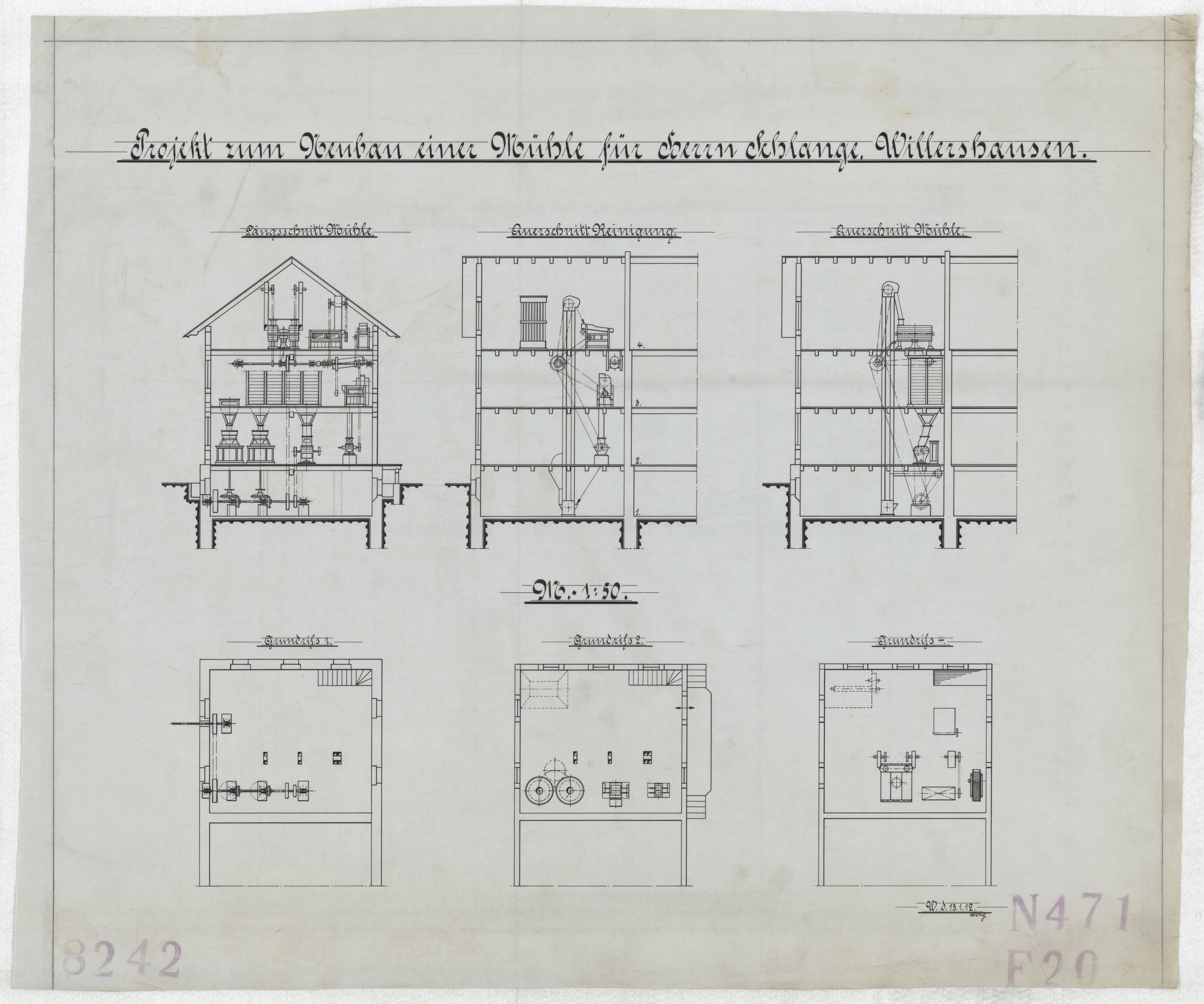 Technische Zeichnung : Projekt zum Neubau einer Mühle für Herrn Schlange, Willershausen (Stiftung Deutsches Technikmuseum Berlin CC BY-SA)