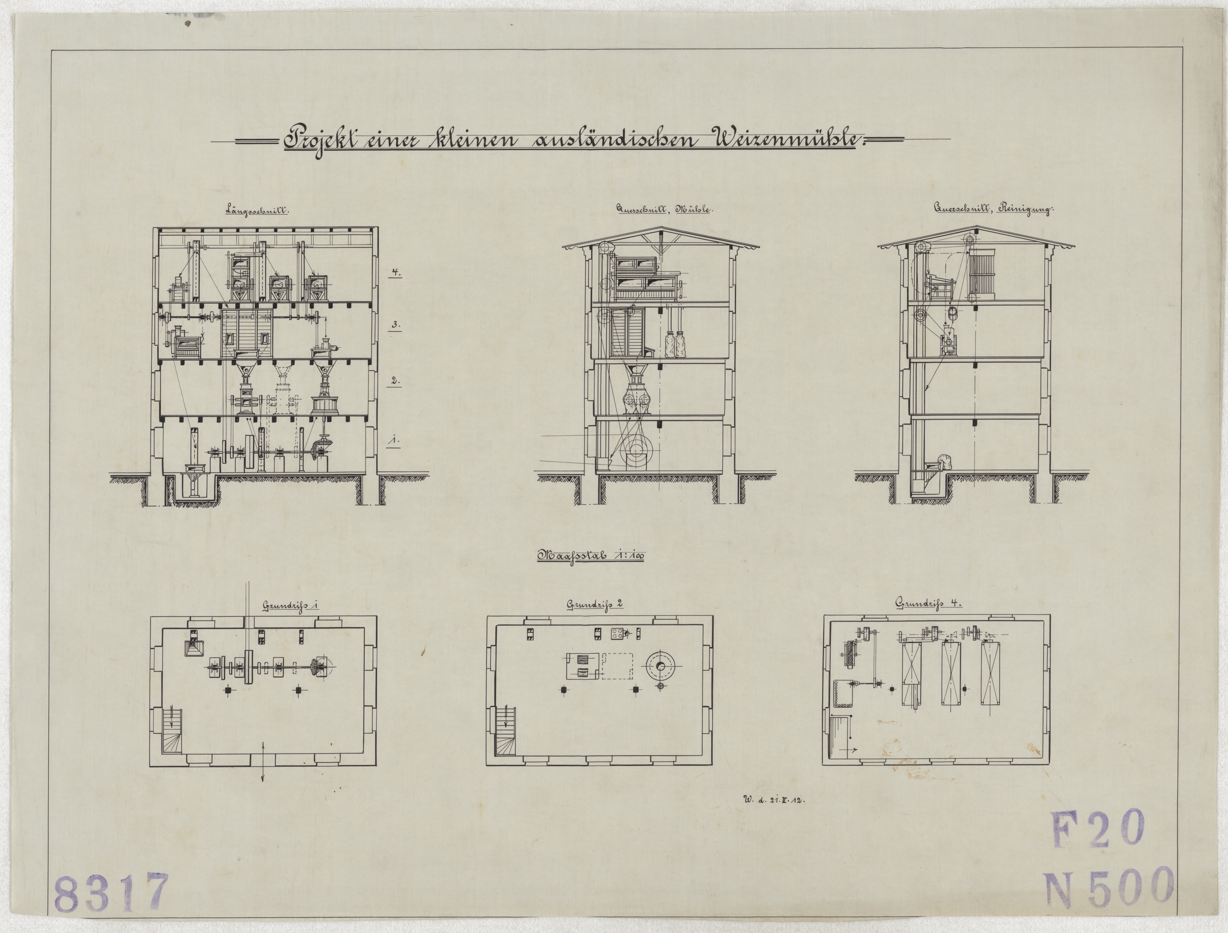 Technische Zeichnung : Projekt einer kleinen ausländischen Weizenmühle (Stiftung Deutsches Technikmuseum Berlin CC BY-SA)