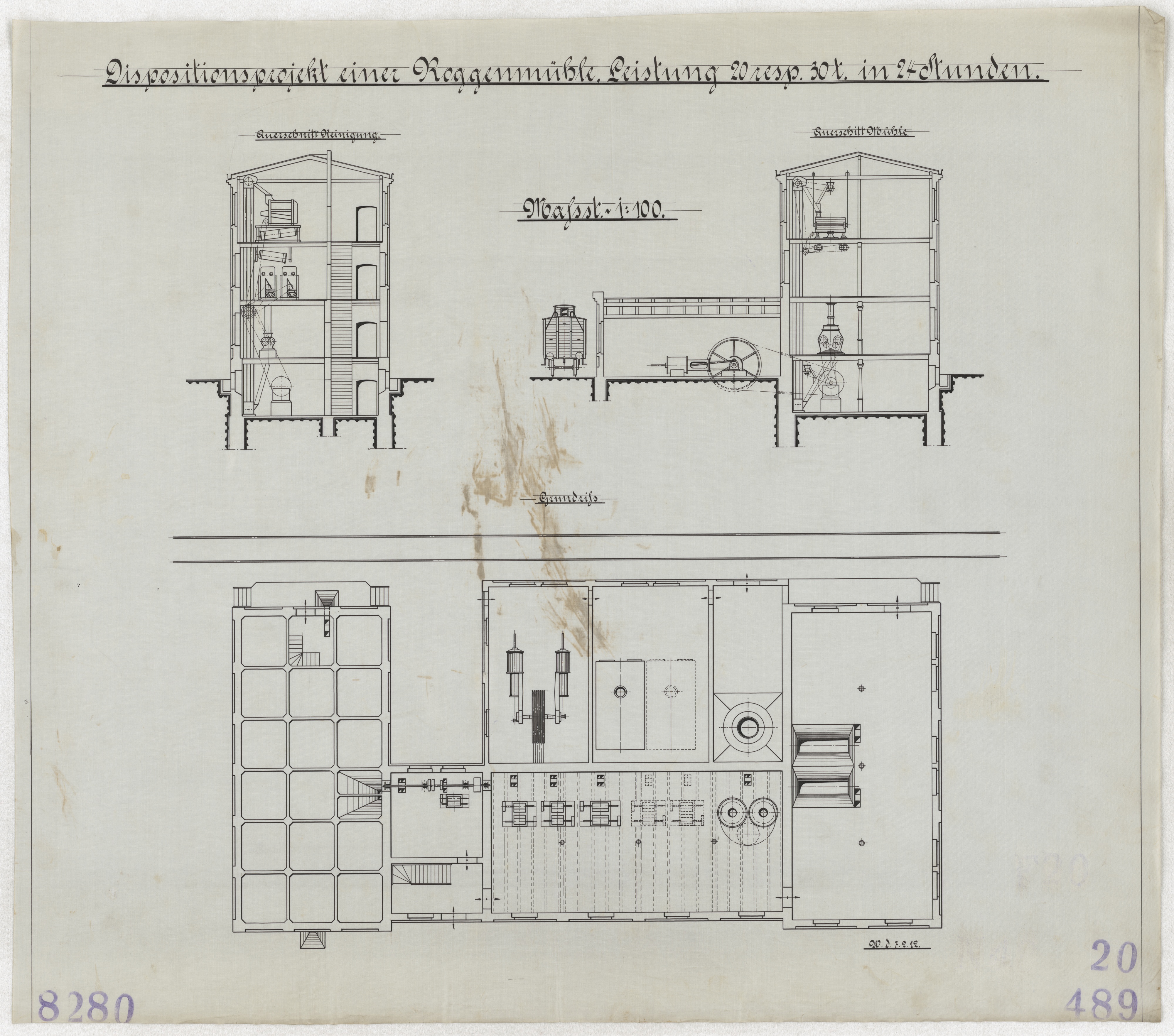 Technische Zeichnung : Dispositionsprojekt einer Roggenmühle, Leistung 20 respektive 30 t in 24 Stunden (Stiftung Deutsches Technikmuseum Berlin CC BY-SA)