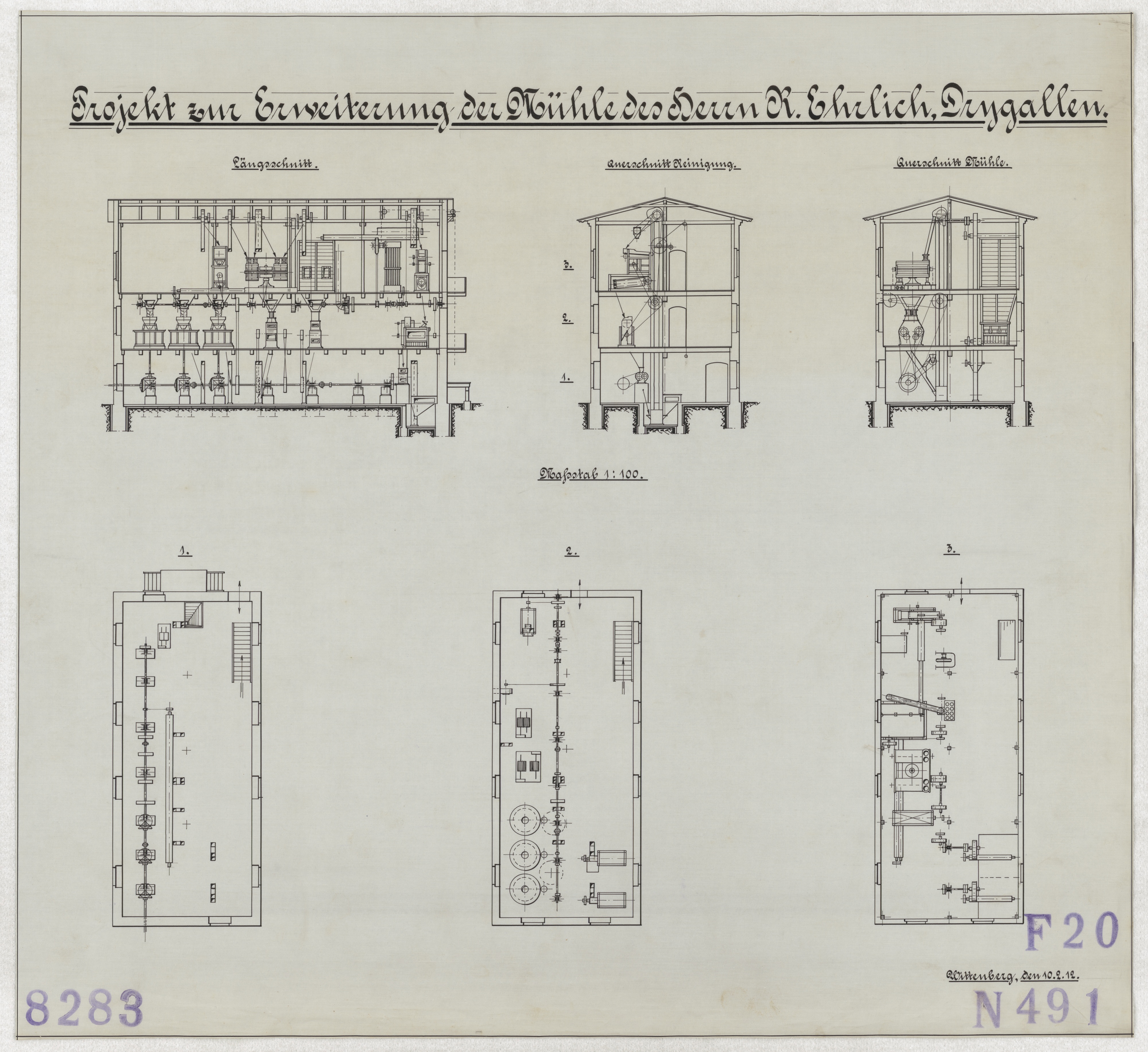 Technische Zeichnung : Projekt zur Erweiterung der Mühle des Herrn R. Ehrlich, Drygallen (Stiftung Deutsches Technikmuseum Berlin CC BY-SA)