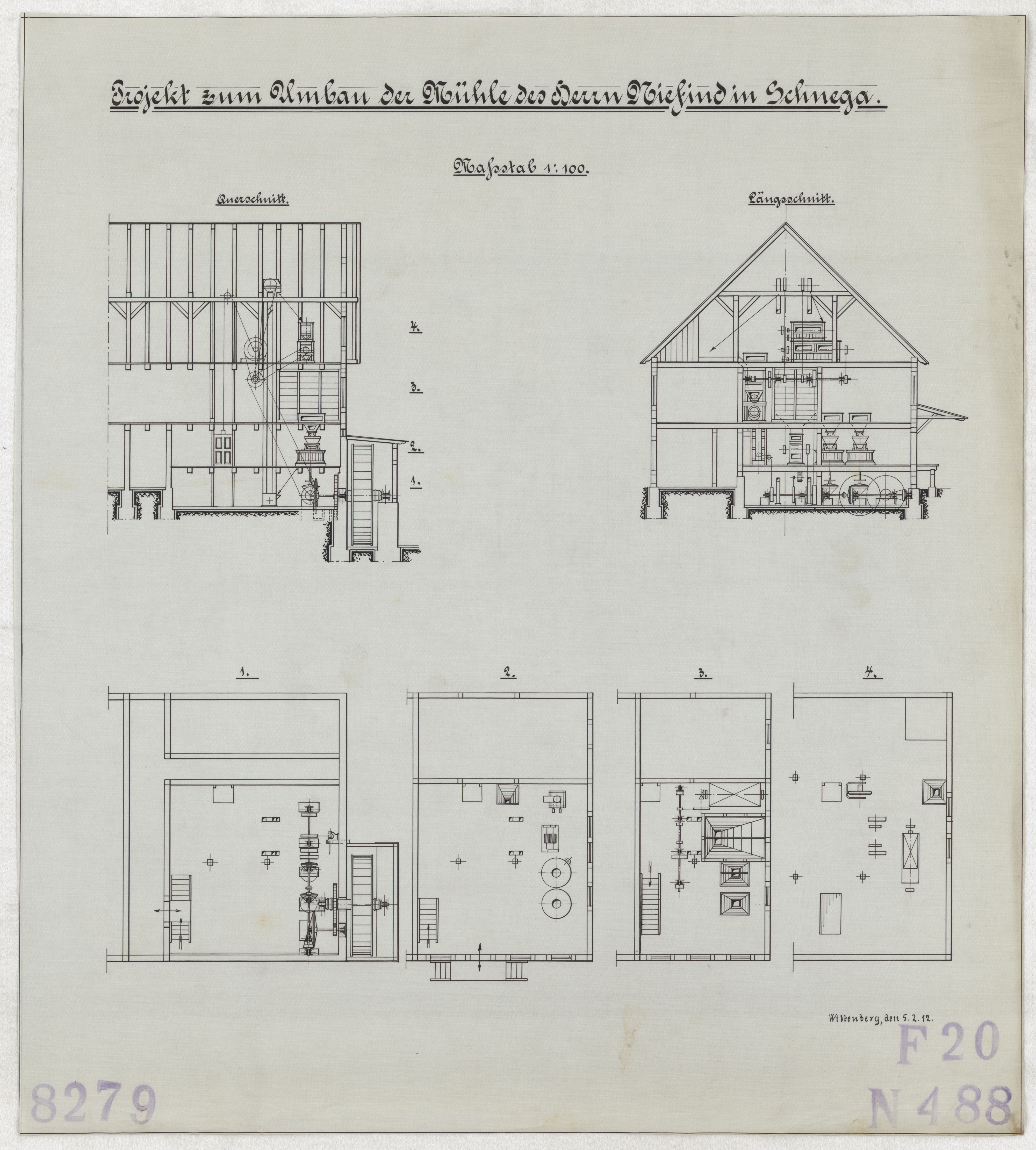 Technische Zeichnung : Projekt zum Umbau der Mühle des Herrn Niefind in Schnega (Stiftung Deutsches Technikmuseum Berlin CC BY-SA)