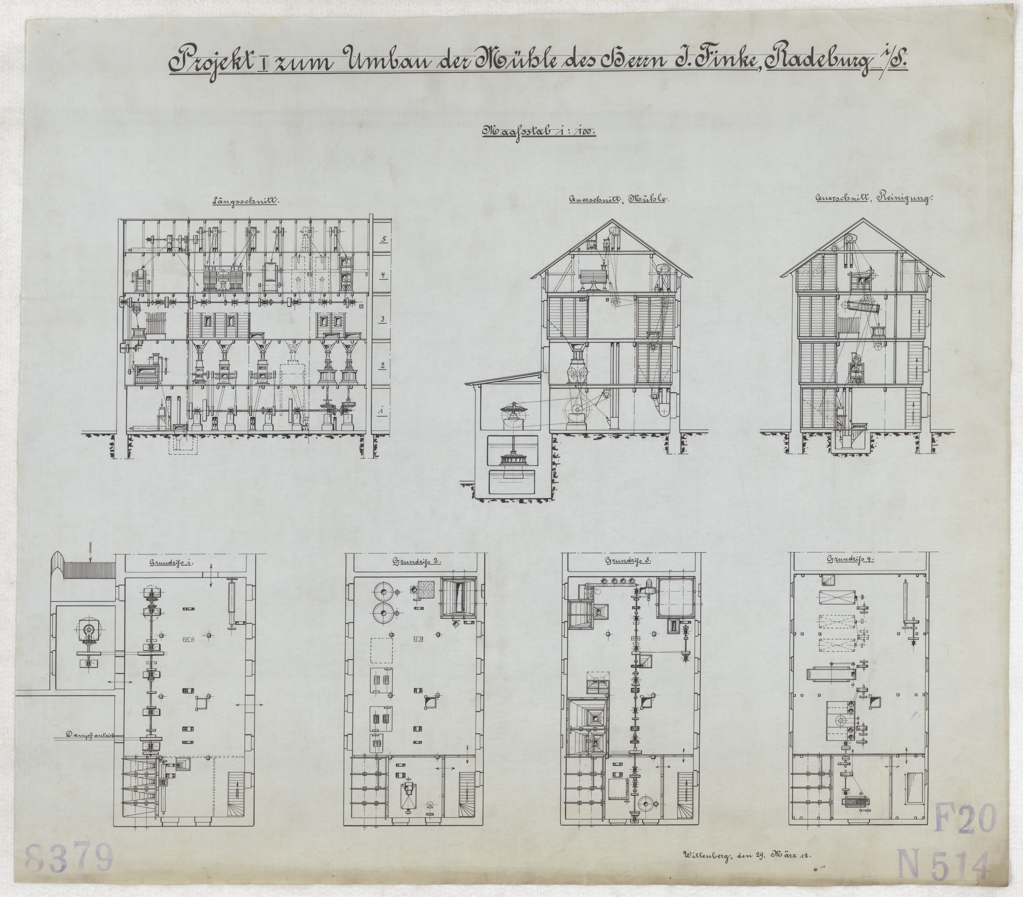 Technische Zeichnung : Projekt zum Umbau der Mühle des Herrn J. Finke, Radeburg in Sachsen (Stiftung Deutsches Technikmuseum Berlin CC BY-SA)