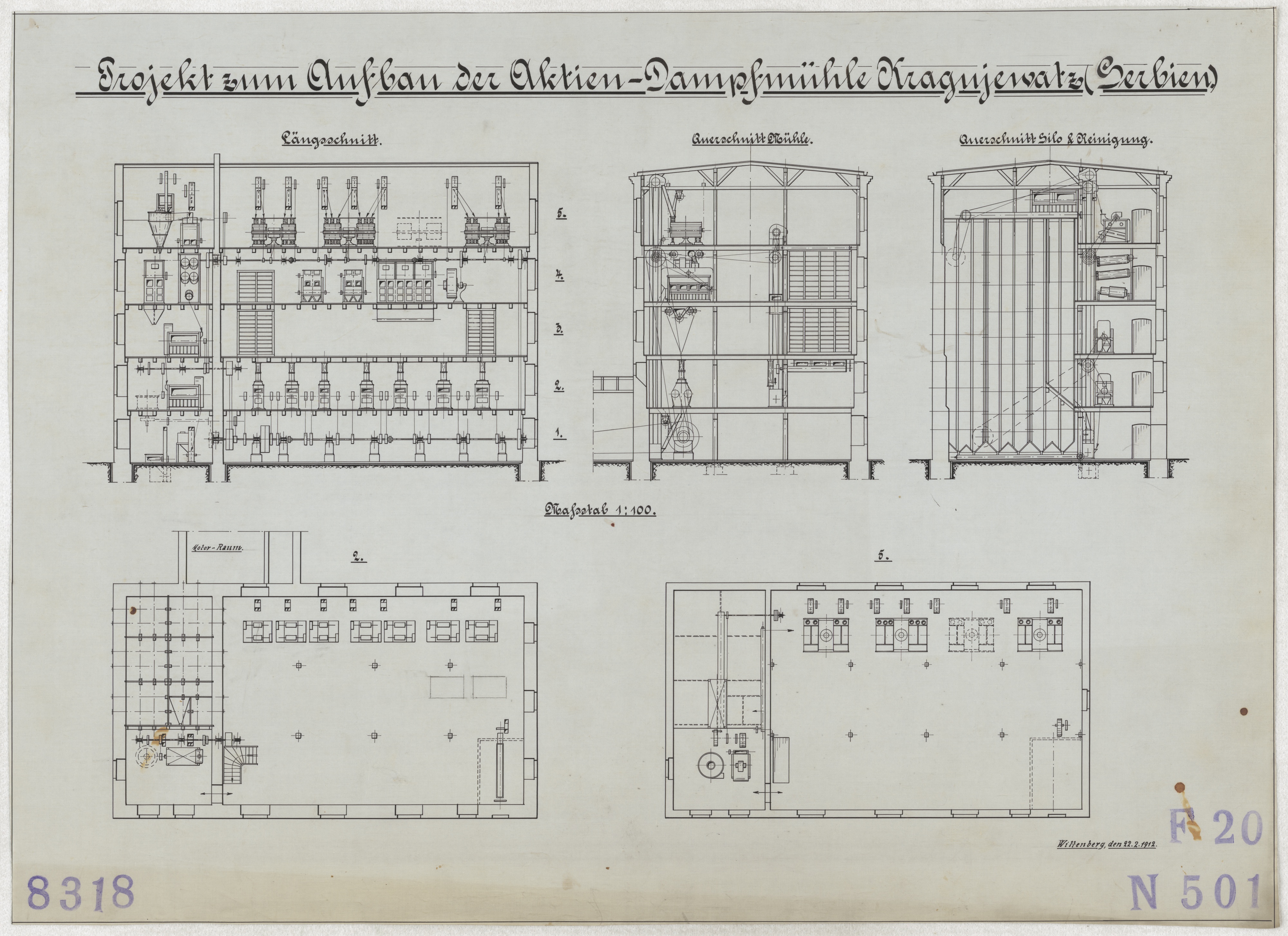 Technische Zeichnung : Projekt zum Aufbau der Aktien-Dampfmühle Kragujewatz (Serbien) (Stiftung Deutsches Technikmuseum Berlin CC BY-SA)