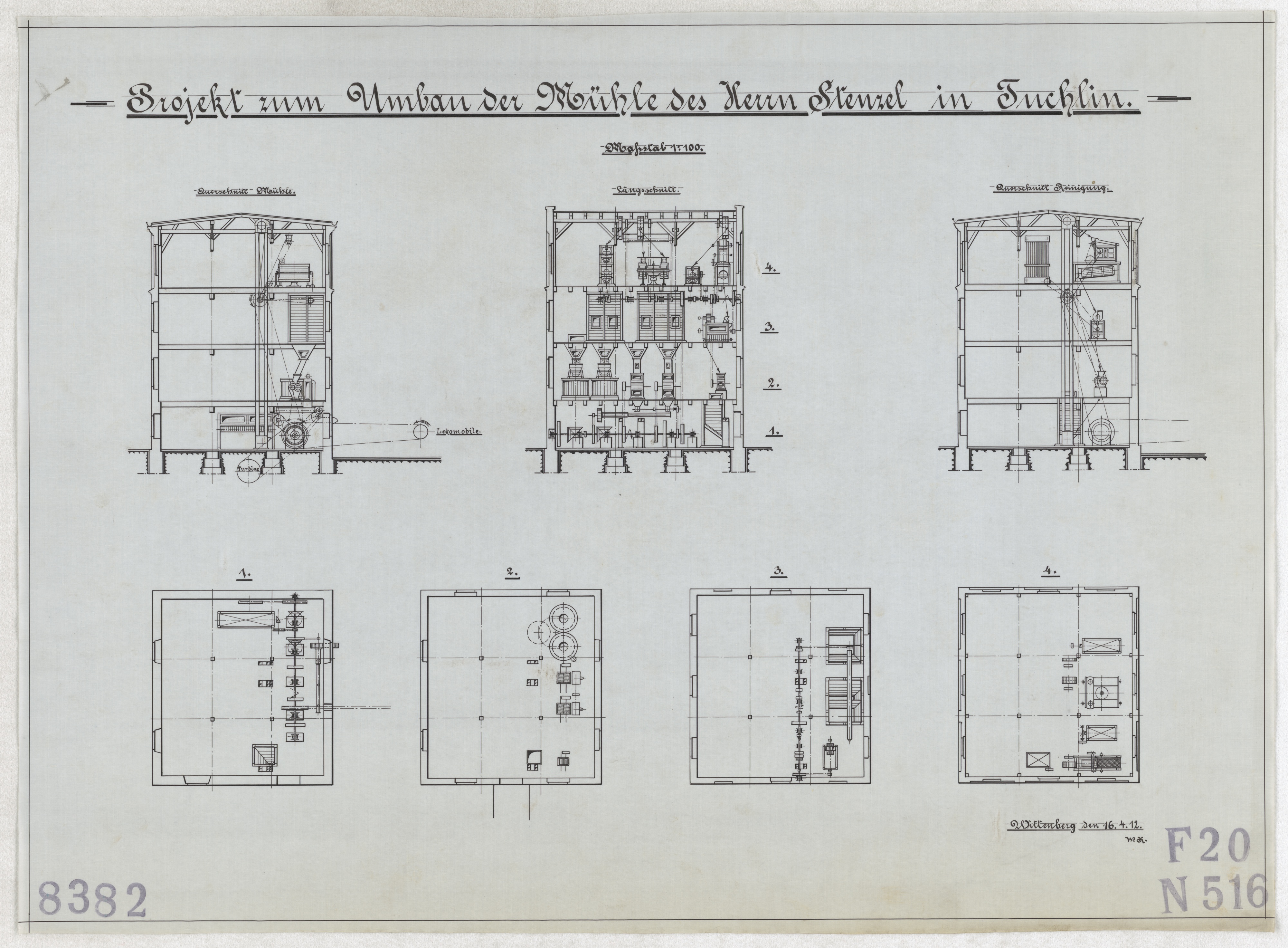 Technische Zeichnung : Projekt zum Umbau der Mühle des Herrn Stenzel in Tuchlin (Stiftung Deutsches Technikmuseum Berlin CC BY-SA)