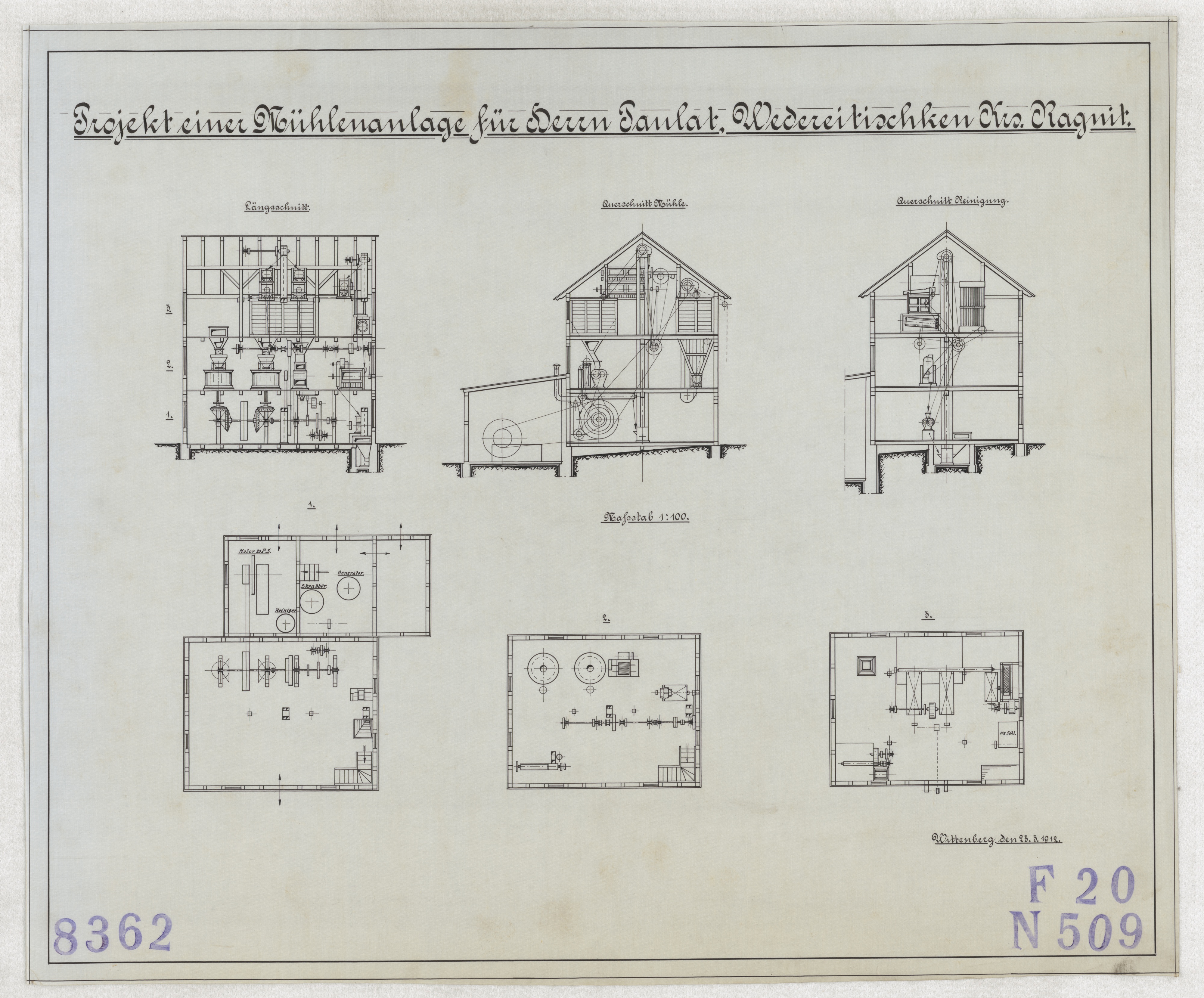 Technische Zeichnung : Projekt einer Mühlenanlage für Herrn Paulat, Wedereitischken[,] Kreis Ragnit (Stiftung Deutsches Technikmuseum Berlin CC BY-SA)